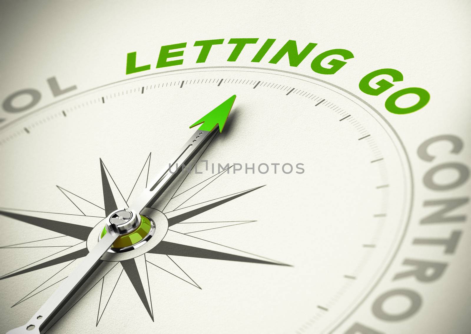 Compass, needle pointing the word letting go, Green tones. Illustration of psychology concept.