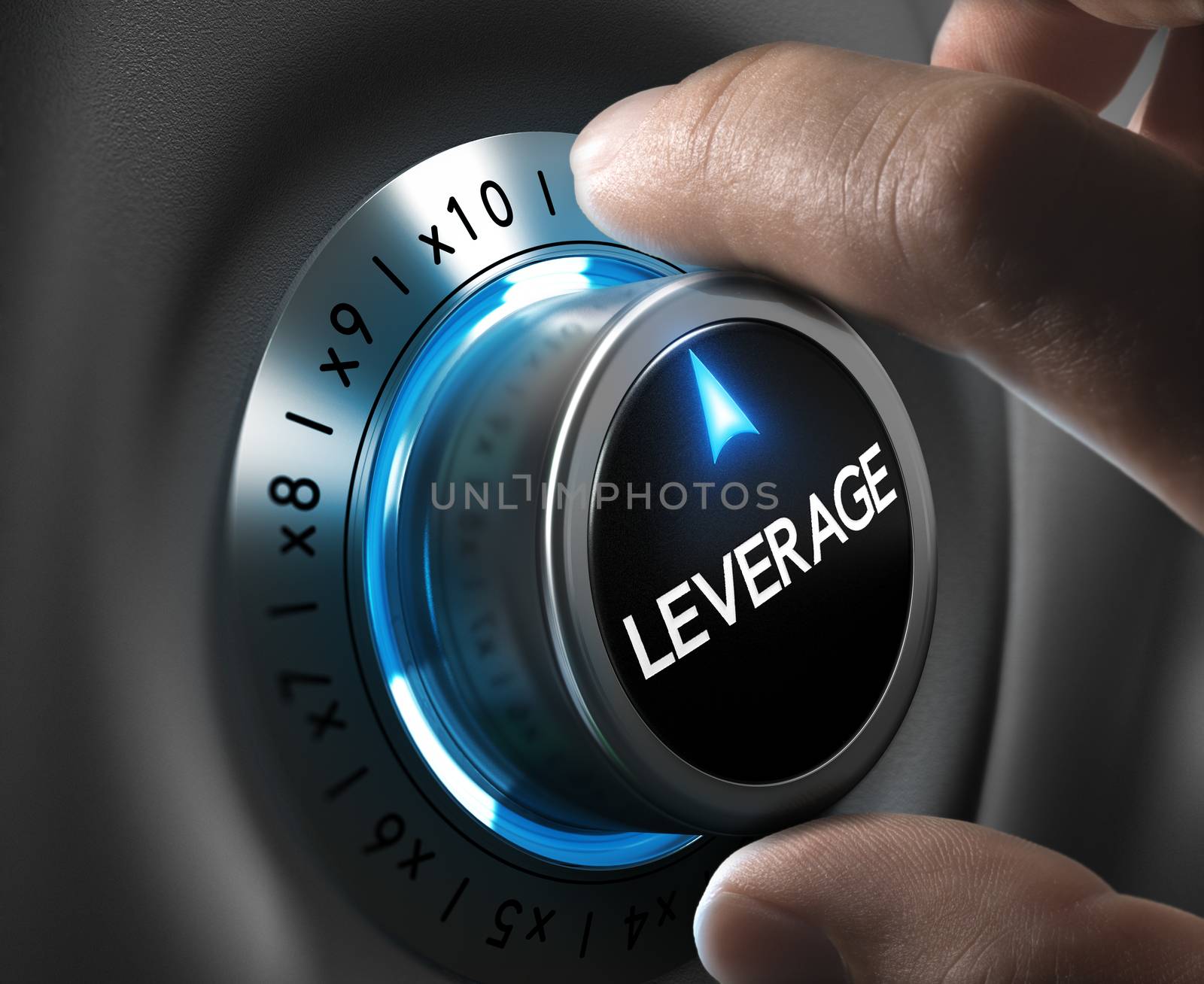 Leverage button pointing x10 position with two fingers, blue and grey tones, Conceptual image for day trading strategy.