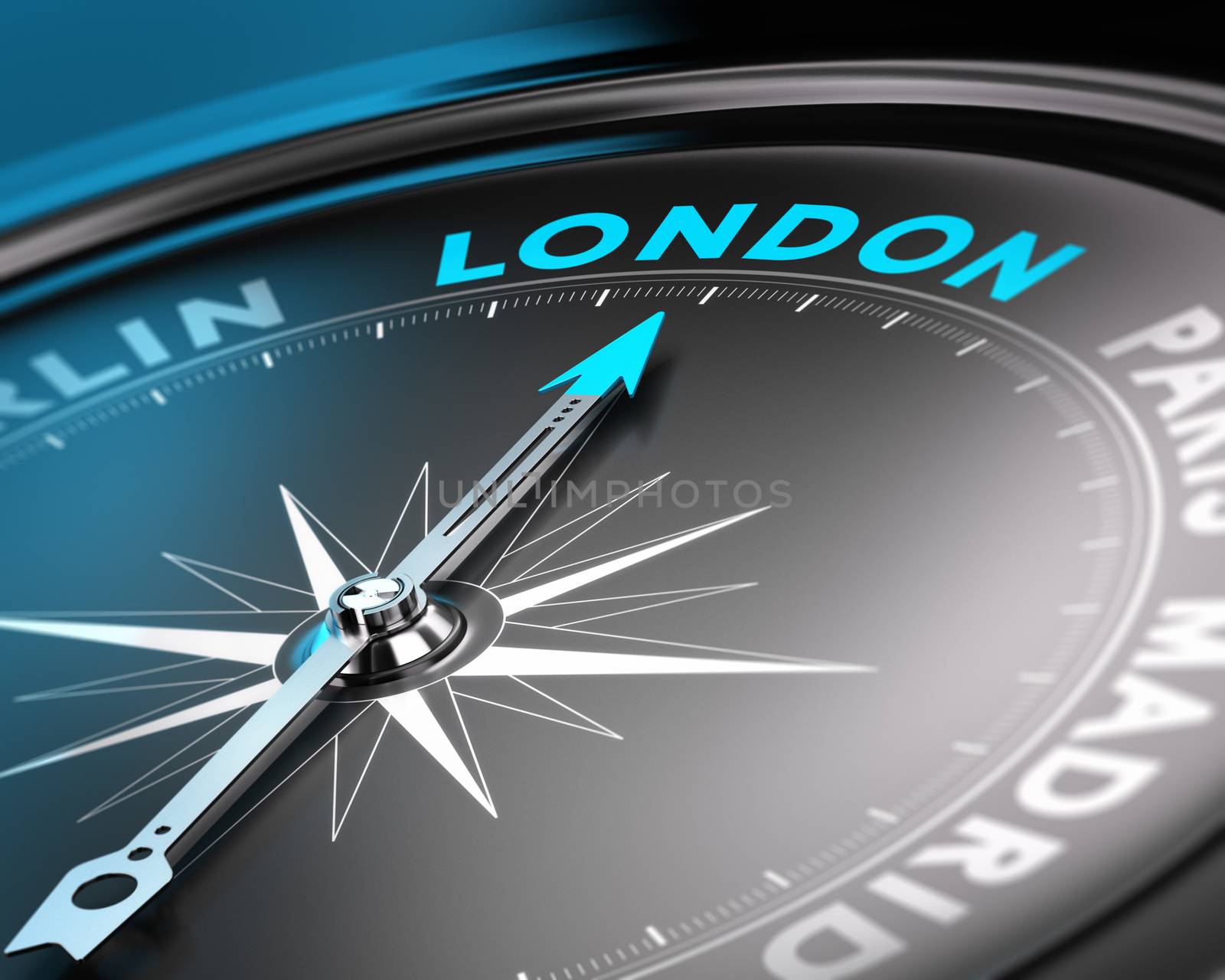 Compass needle pointing the city of london. Illustration of travel destination.