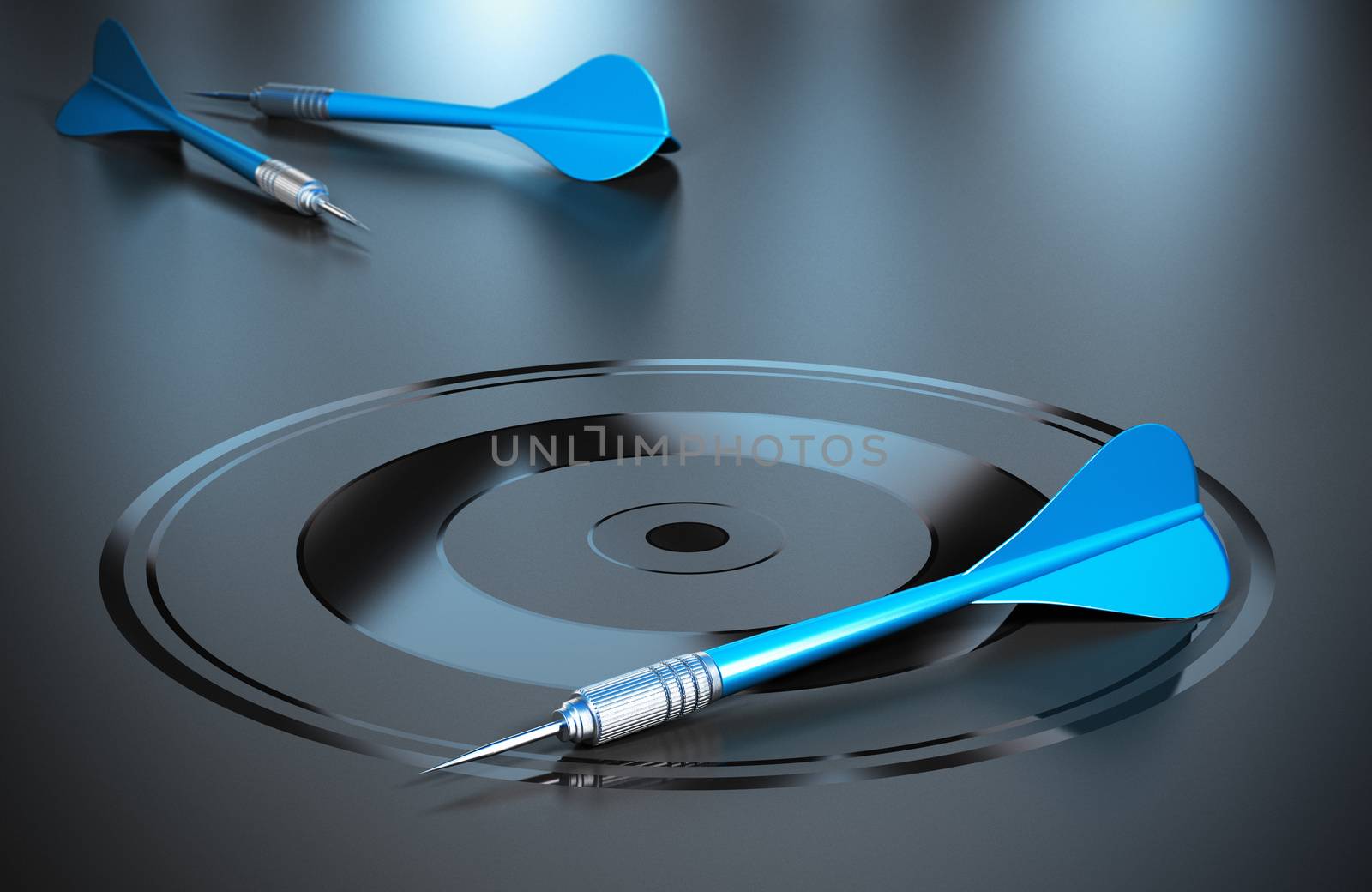 Three blue darts and one target, black background and reflection. Concept of marketing or business objectives.