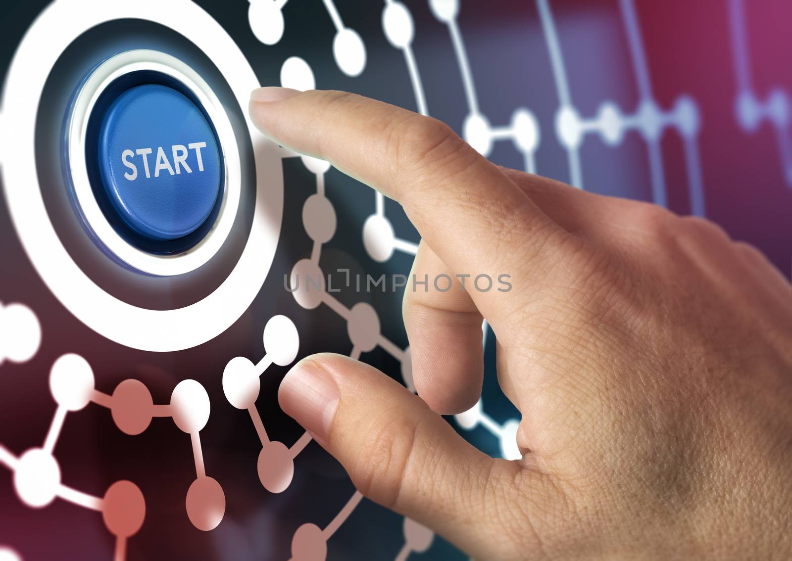 One finger pressing a start button, image concept of global internet business or social network.