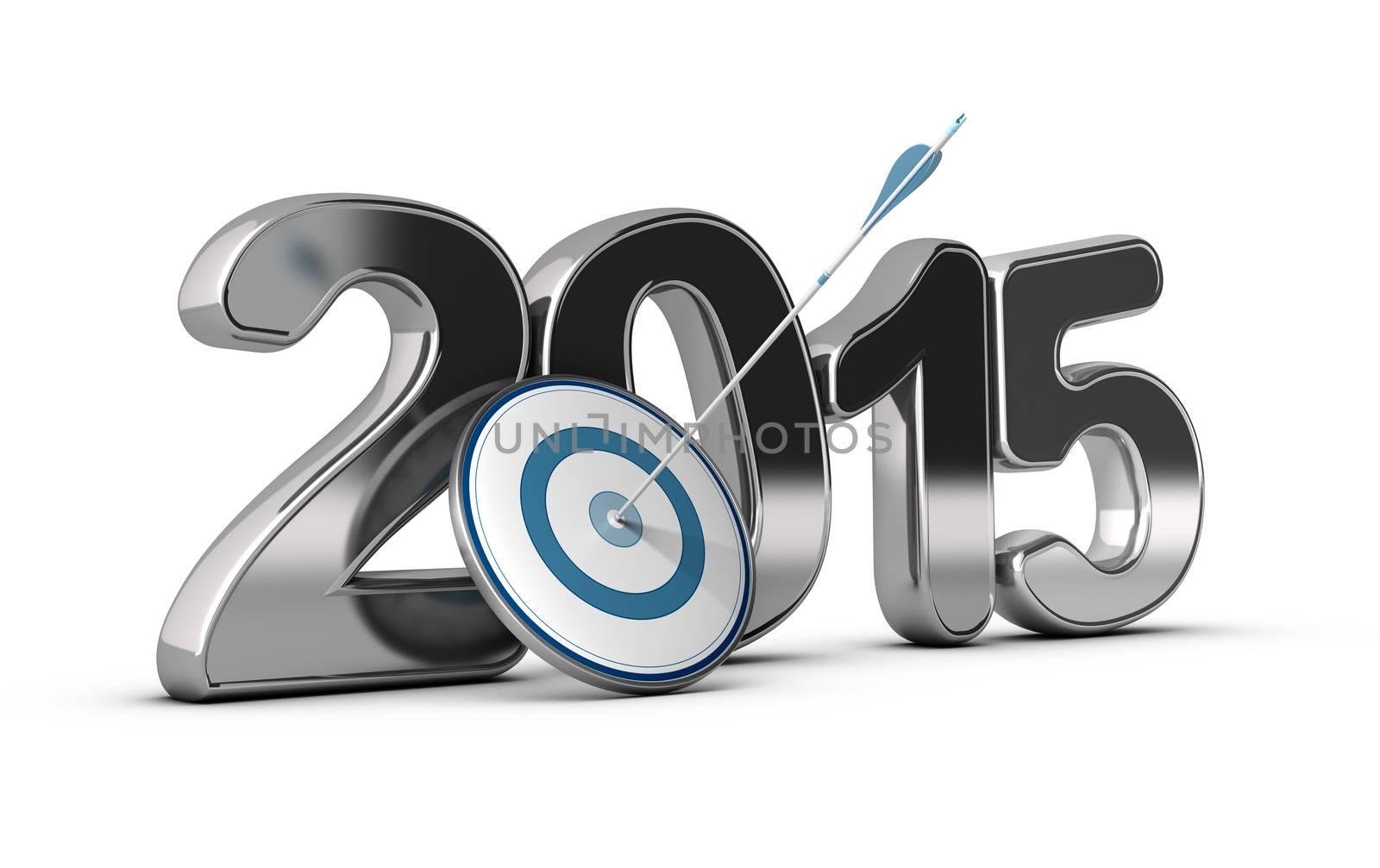 3D metallic Year 2015 with a target at the foreground with an arrow hitting the center, concept image for achieving business objectives in two thousand fifteen. 