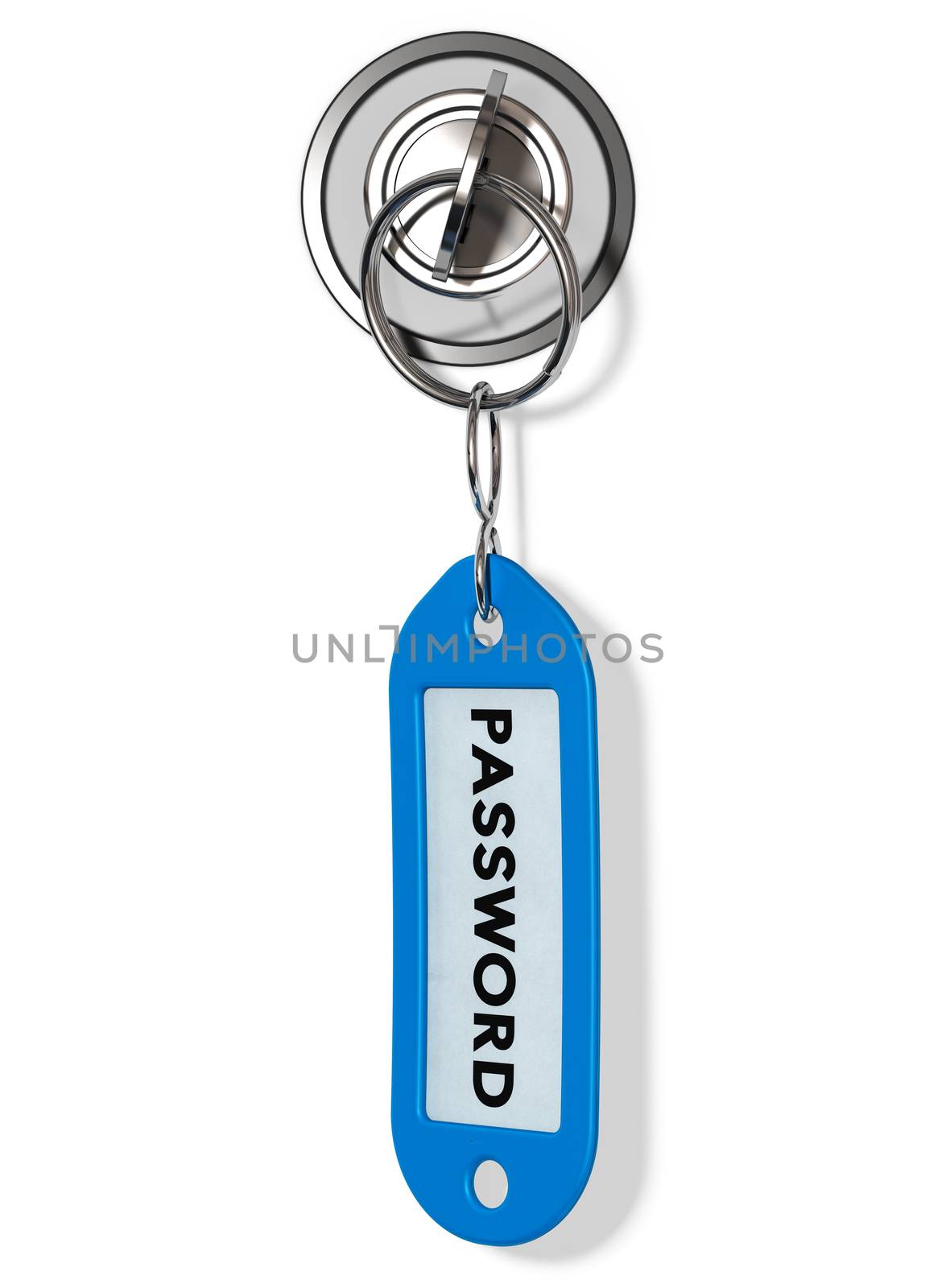 Key with blue keyring where it is written the word password, concept image suitable for online security.