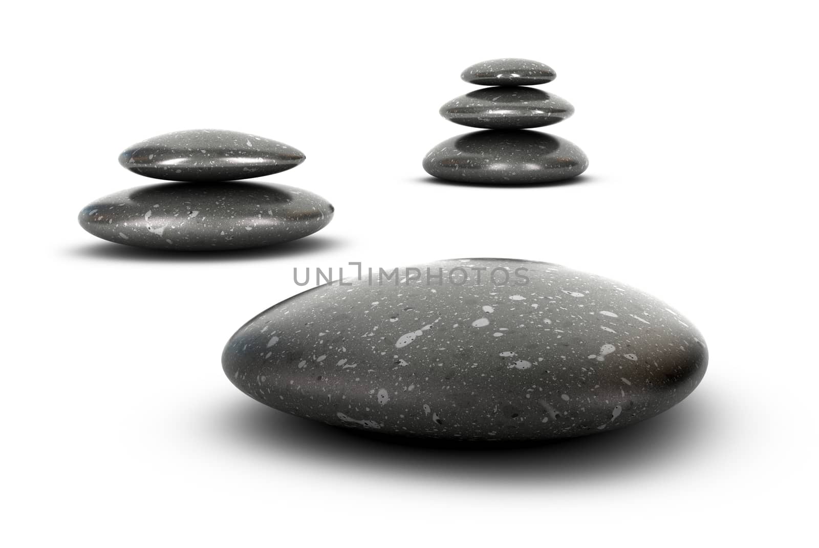 Three stones stacked over white background, balancing pebbles. 3D render symbol of growth, serenity and harmony.