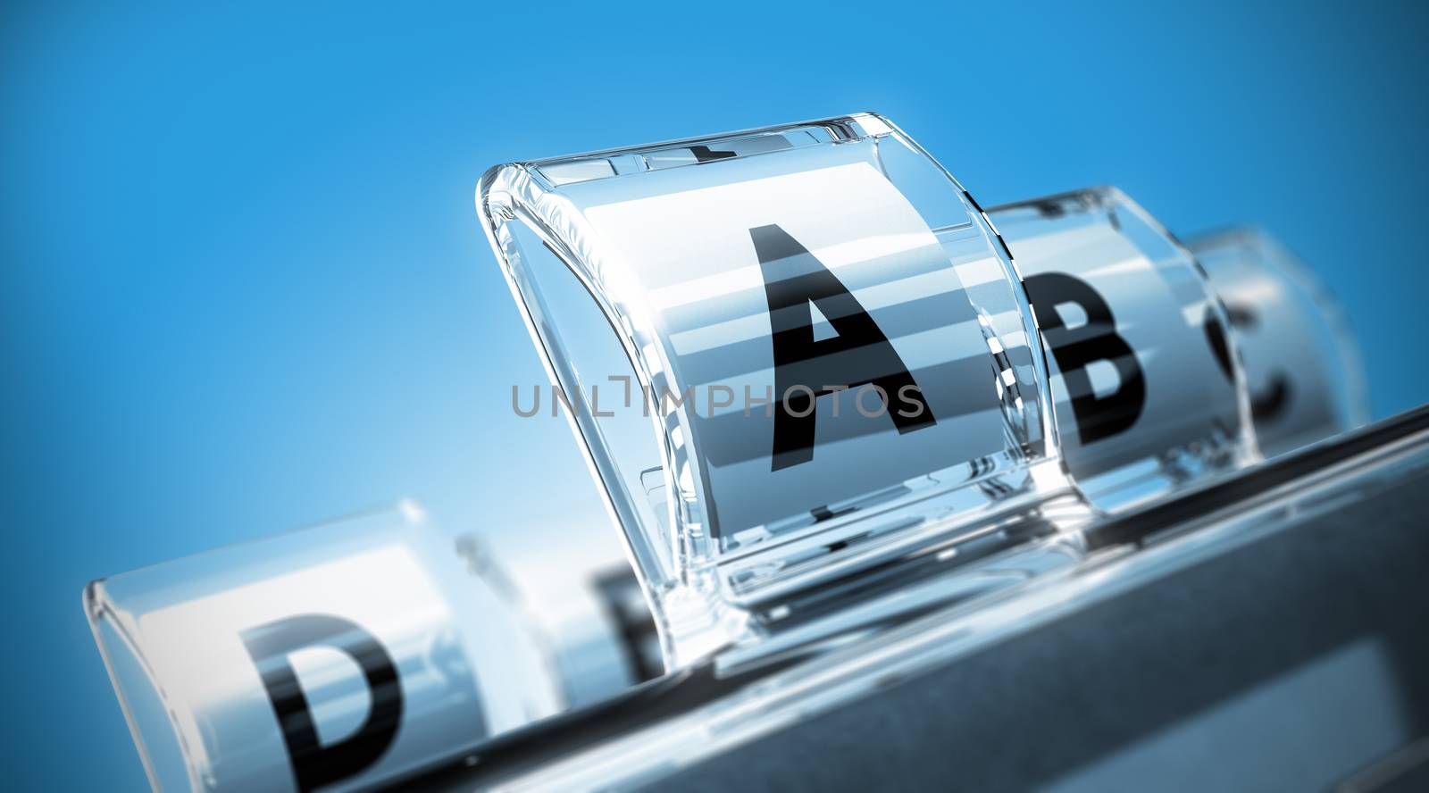 Conceptual 3D render image with focus on the A letter, blur effect. Directory in alphabetical order with blue tones