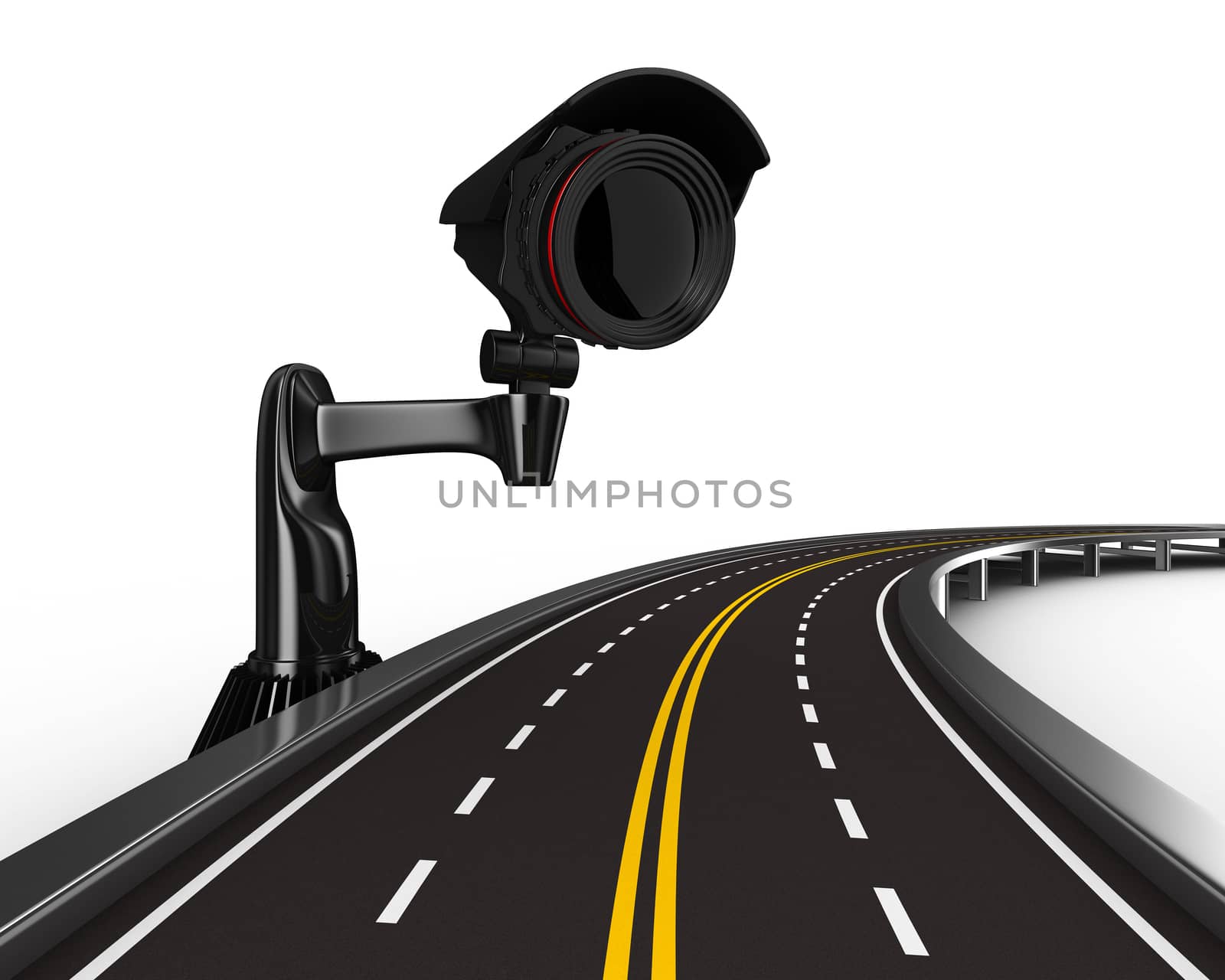 asphalted road with camera on white. Isolated 3D image by ISerg