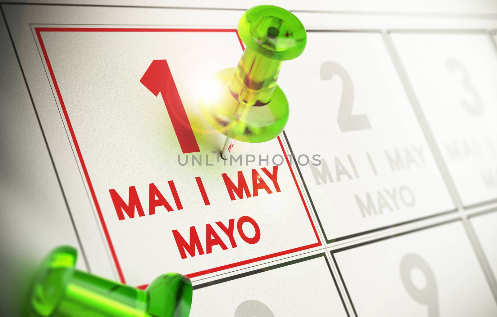 Thumbtack pointing the first of may on a calendar