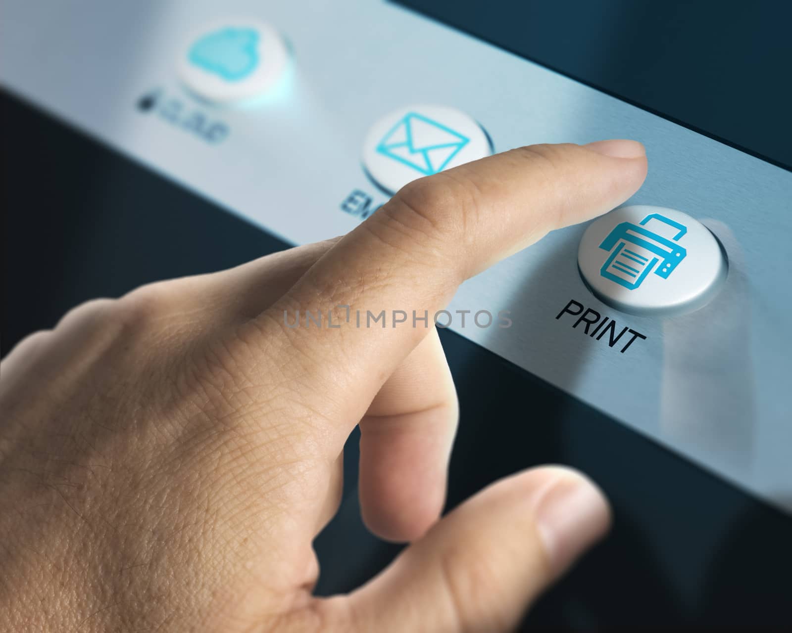 One finger pressing a print button over white background, image concept.