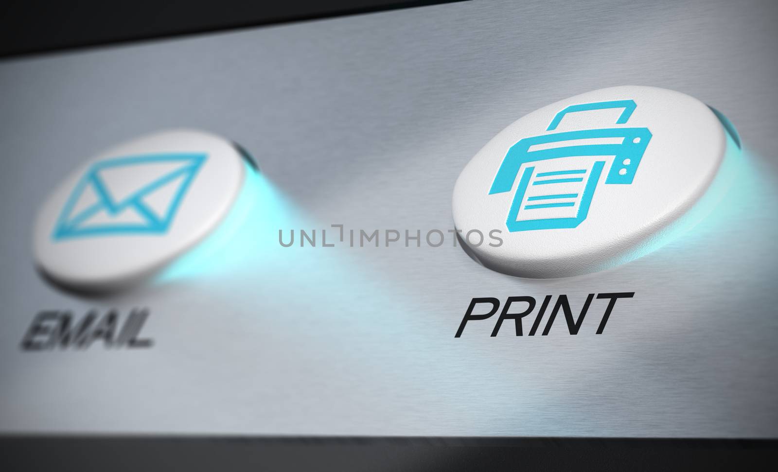 Blue print button over aluminum background, printer concept.