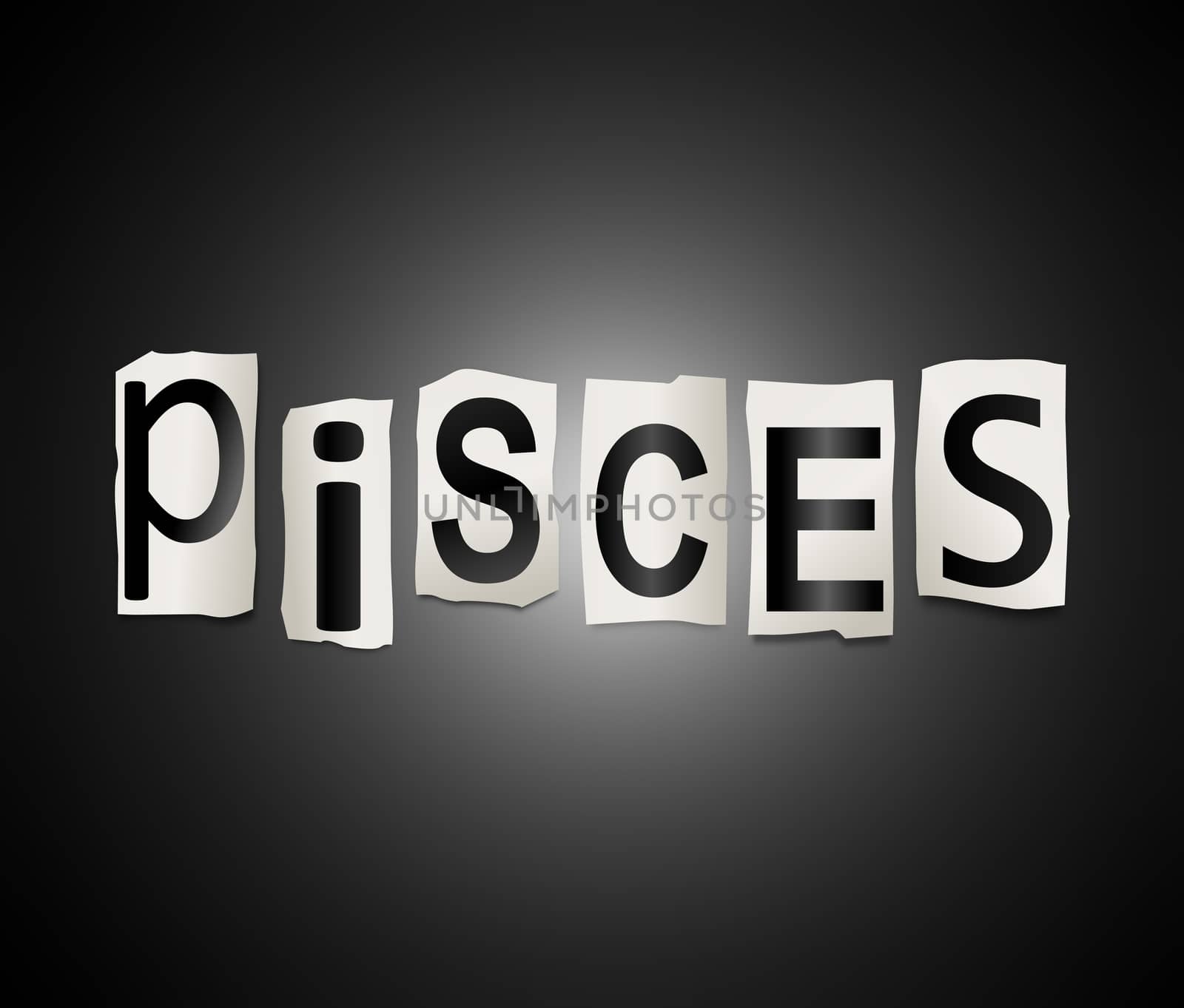 Illustration depicting a set of cut out printed letters arranged to form the word pisces.