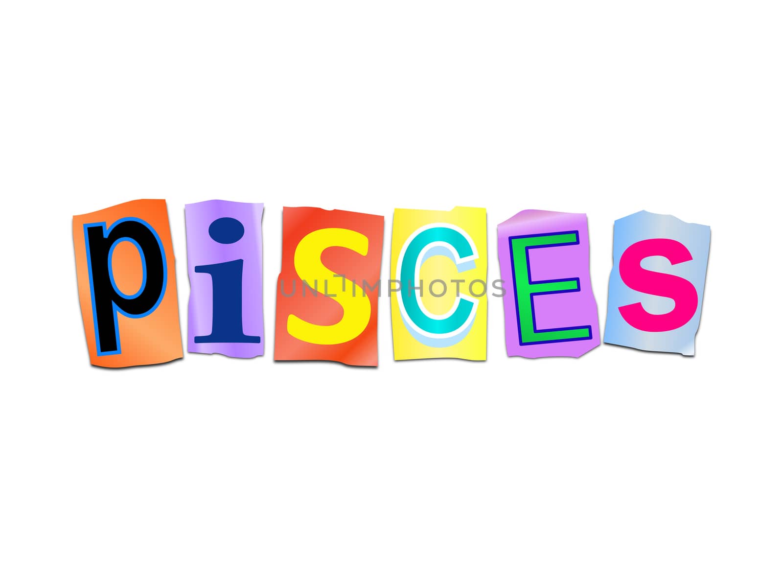 Illustration depicting a set of cut out printed letters arranged to form the word pisces.