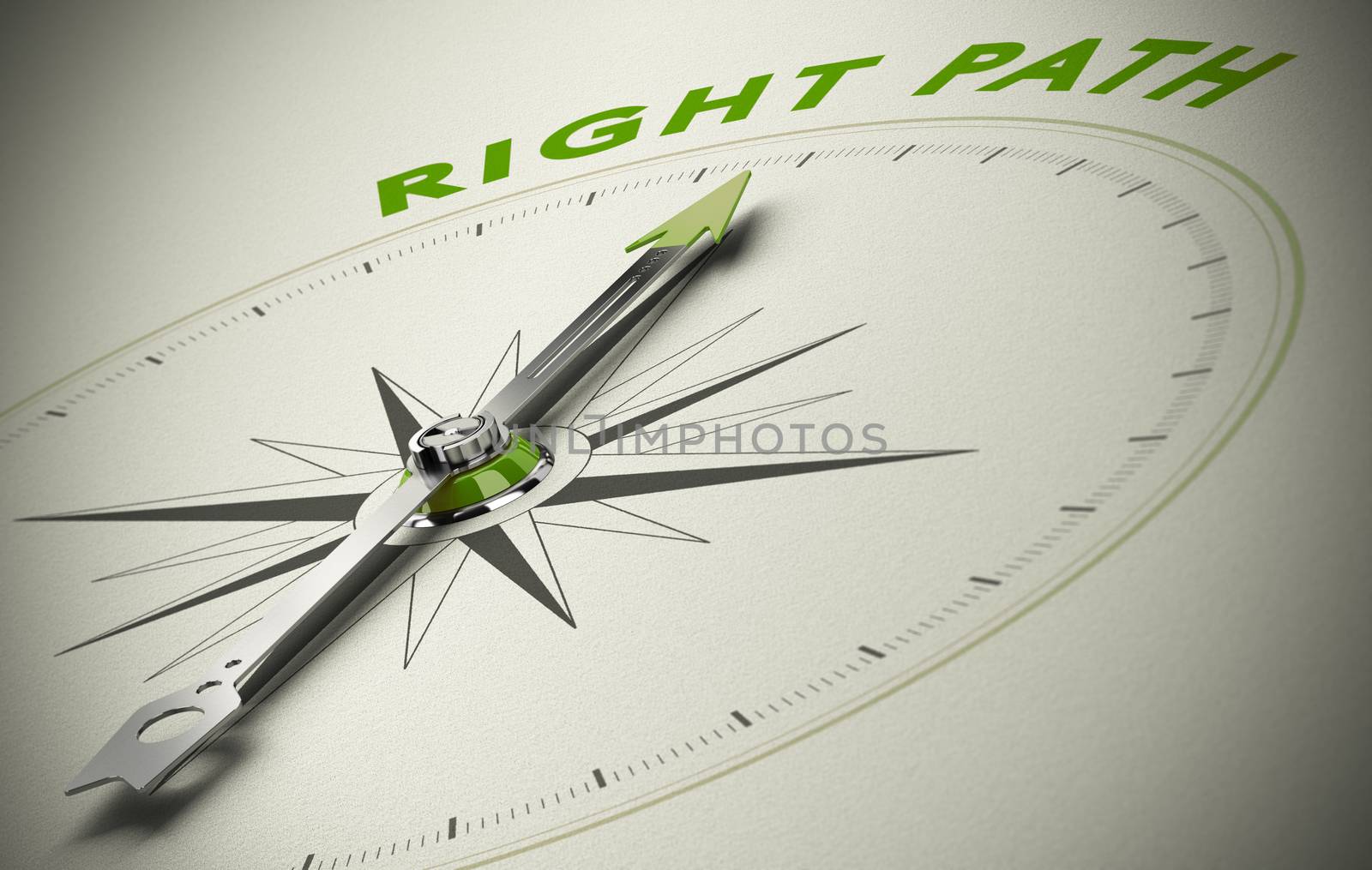 Compass with the text right path, concept image for good direction. green and beige tones