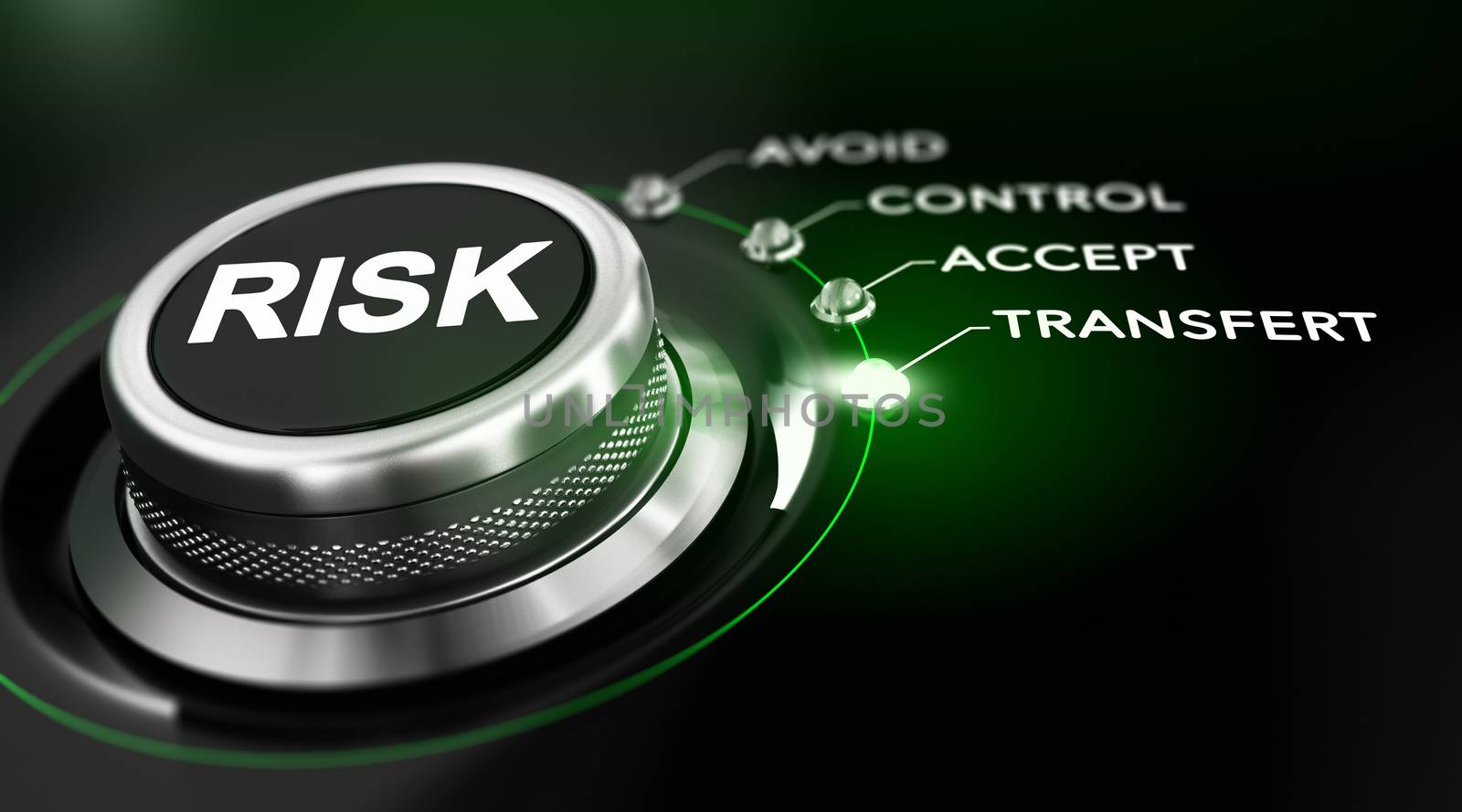 Switch button positioned on the word transfert, black background and green light. Conceptual image for illustration of risk management.