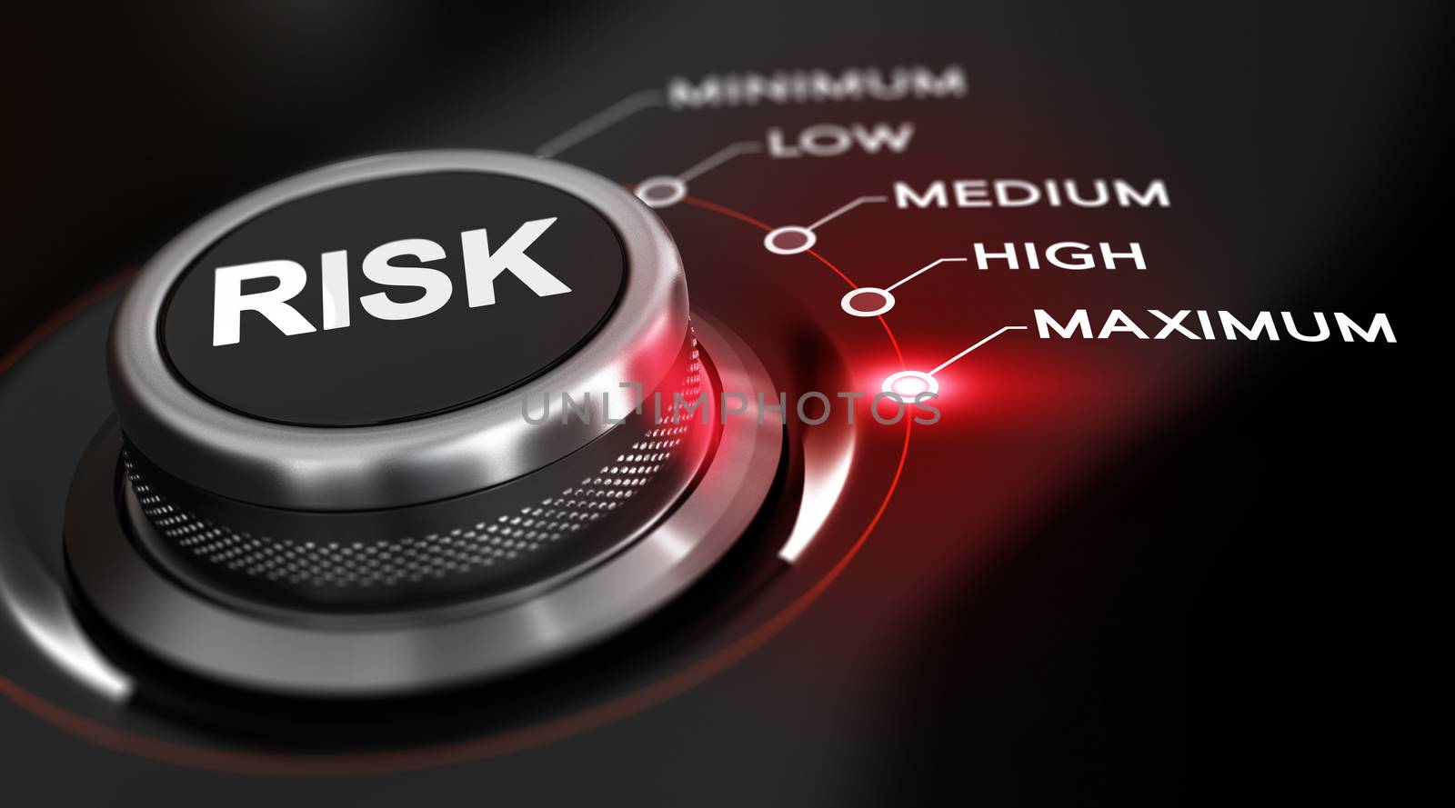 Switch button positioned on the word maximum, black background and red light. Conceptual image for illustration of high level of risks.