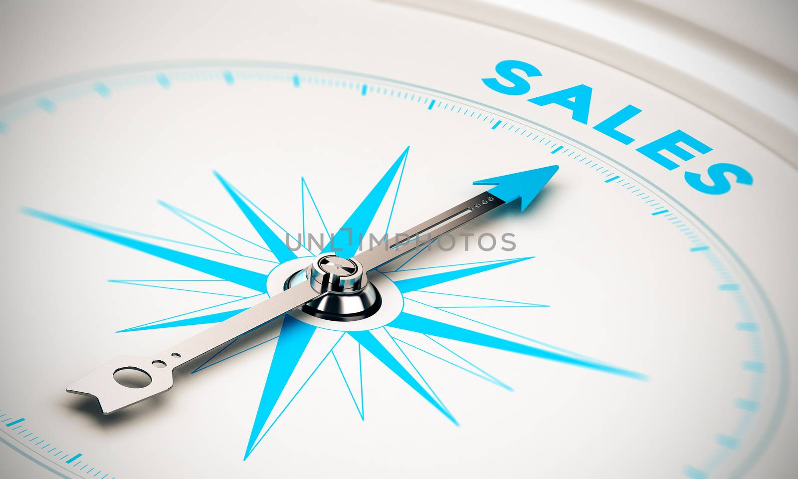 Compass with needle pointing the word sales, white and blue tones. Background image for illustration of sales goals