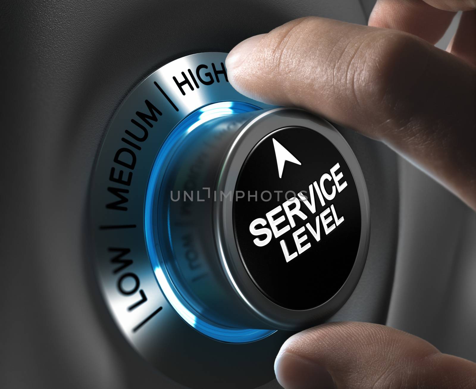 Button service level pointing the high position with blur effect plus blue and grey tones. Conceptual image for illustration of company performance or customer, satisfaction.