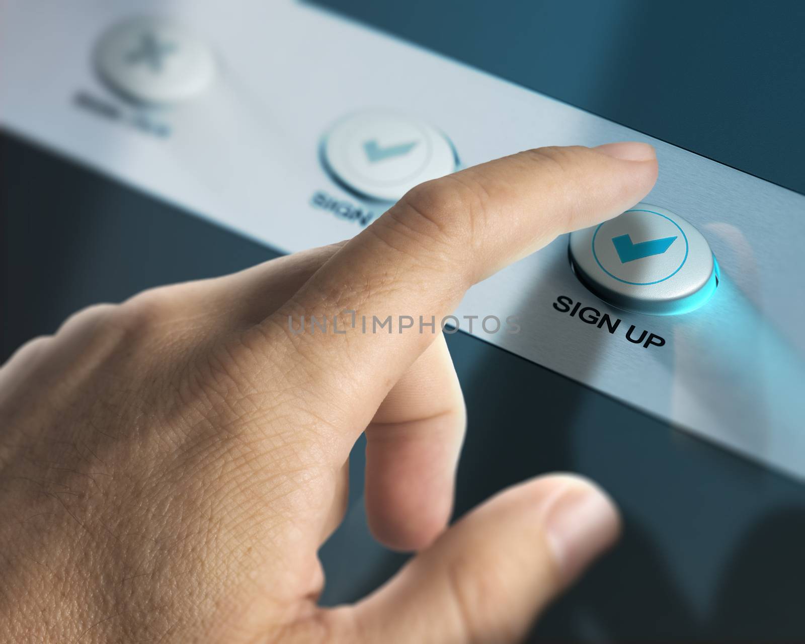 One finger pressing a sign up button over aluminum background, concept image for registration of new member.