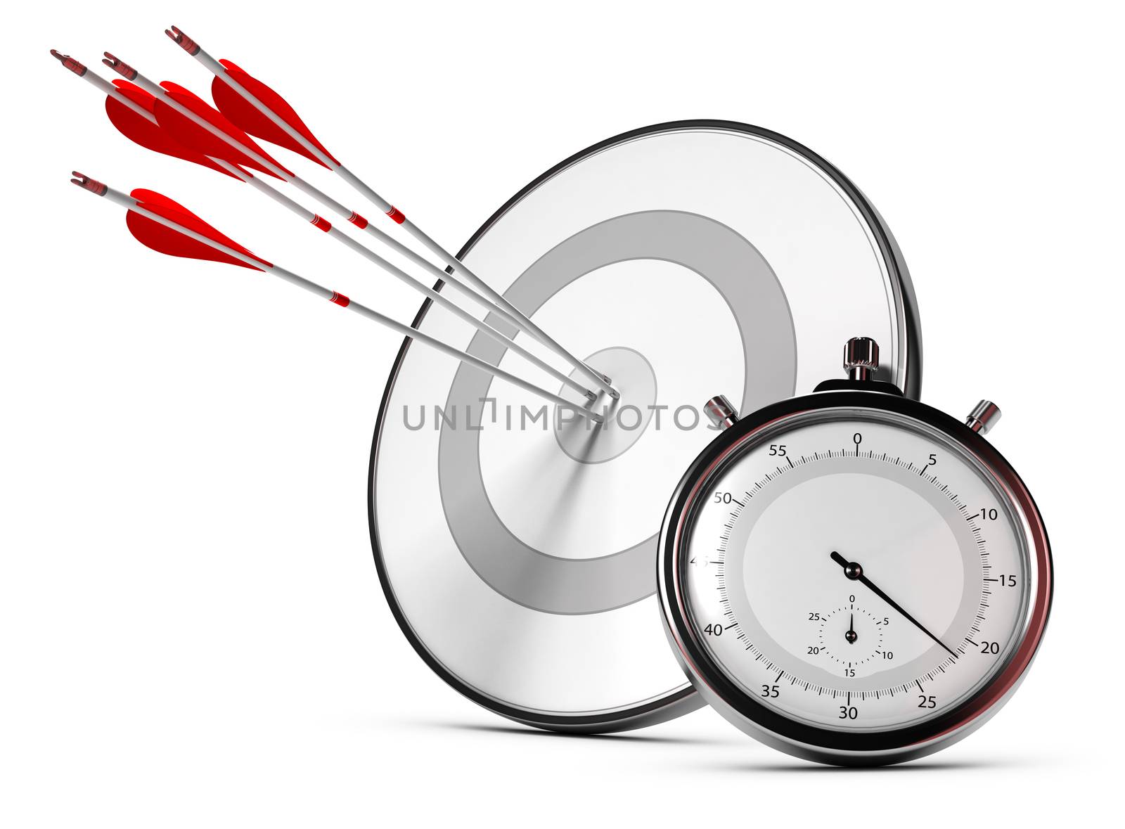 Four arrows hitting the center of a grey target plus a stopwatch, Illustration of SMART objectives or measurable goals.