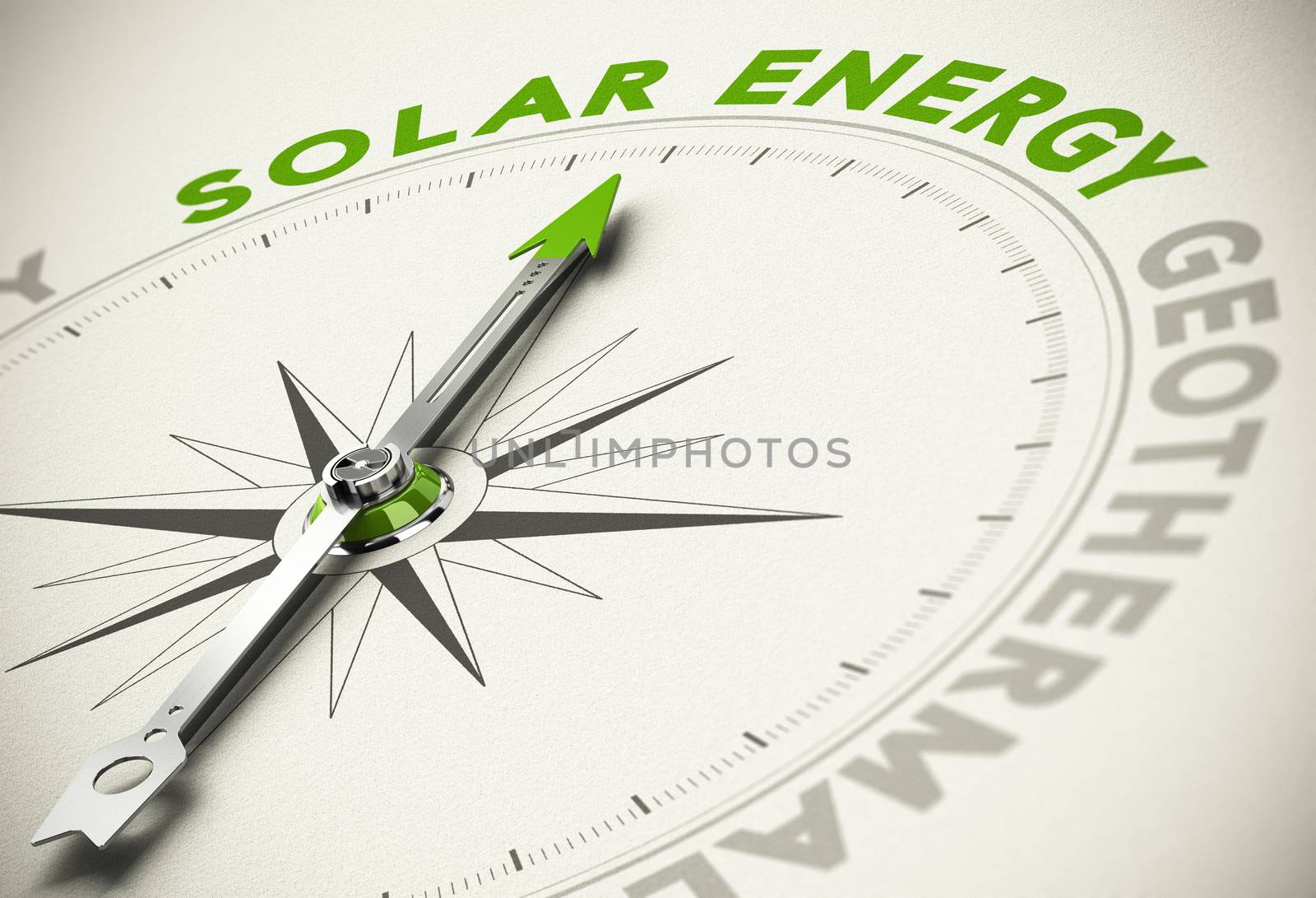 Compass with needle pointing the text SOLAR ENERGY - Green and renewable energies concept blur effect with focus on the main word.