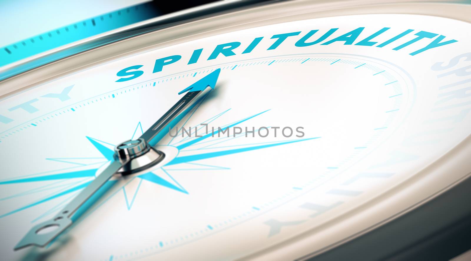 Compass with needle pointing the word spirituality. Conceptual 3D render image with depth of field blur effect for illustration of search of spiritual life. 