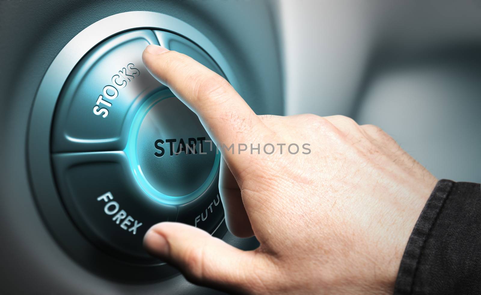 One hand pushing the button stocks, modern design suitable for trading  or stock market illustration, blur effect and blue tone.   