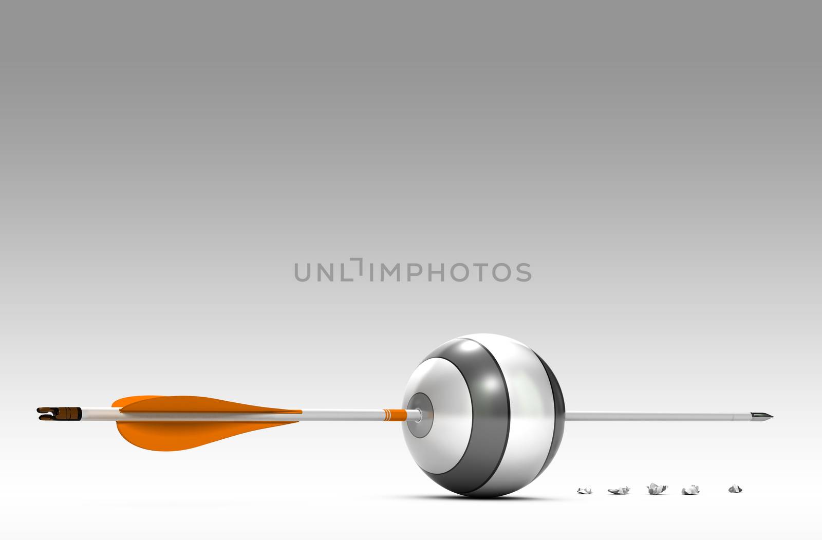 Spherical Target with one orange arrow in the center, gray background with room for text, concept image