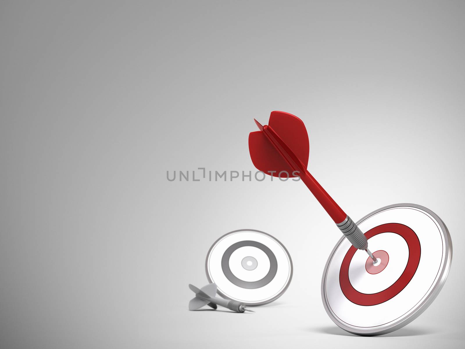 Two targets and one dart hitting the center of the red one, room for text on the left and top of the image. Illustration for a success concept or achieving performance.