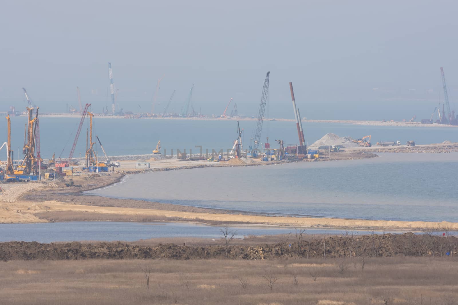 Taman, Russia - March 8, 2016: View of the construction of transport passage through the Kerch Strait from the Taman, which will connect the Kerch and Taman peninsula, as of March 2016
