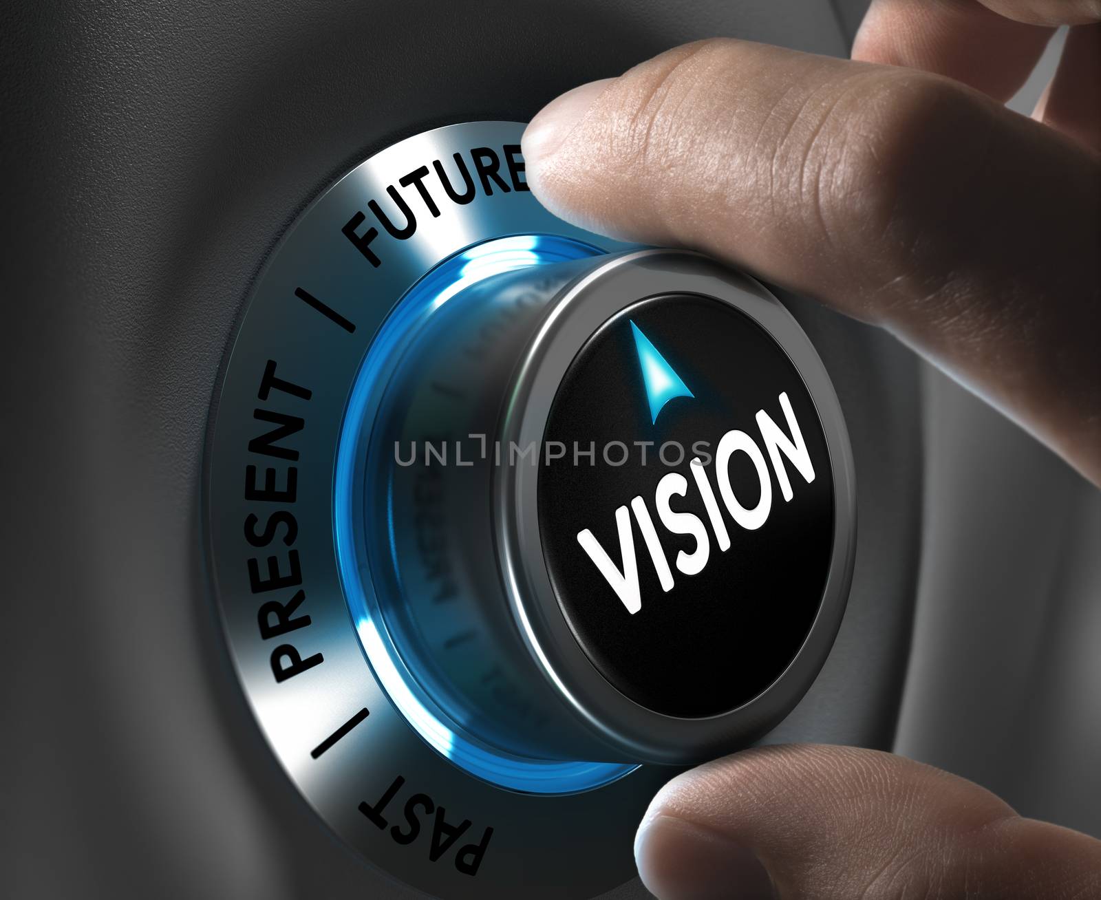 Button vision pointing the future with blur effect plus blue and grey tones. Conceptual image for illustration of company or business anticipation or strategy.