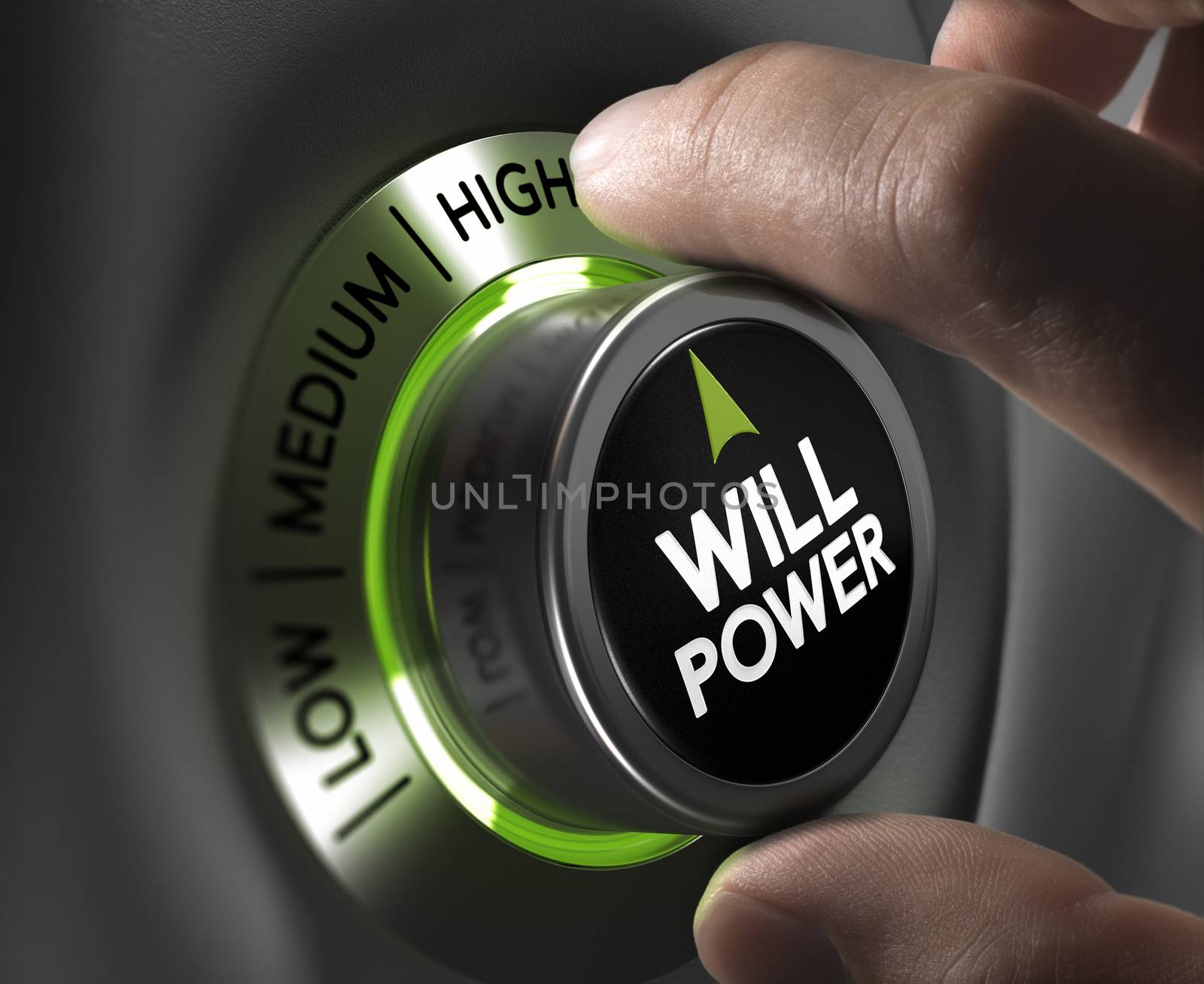 Fingers turning a willpower button and setting it on the highest position, green tones. Illustration of determination or motivation concept.