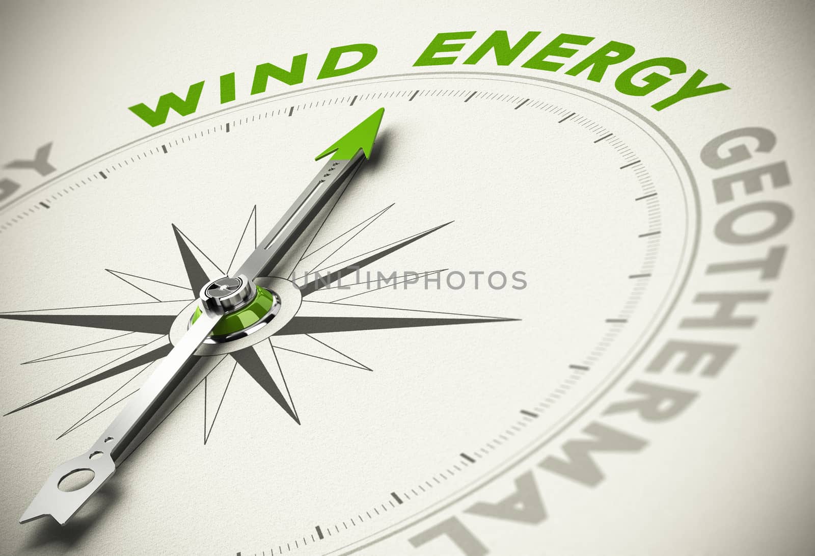 Compass with needle pointing the text WIND ENERGY - Green and renewable energies concept blur effect with focus on the main word.