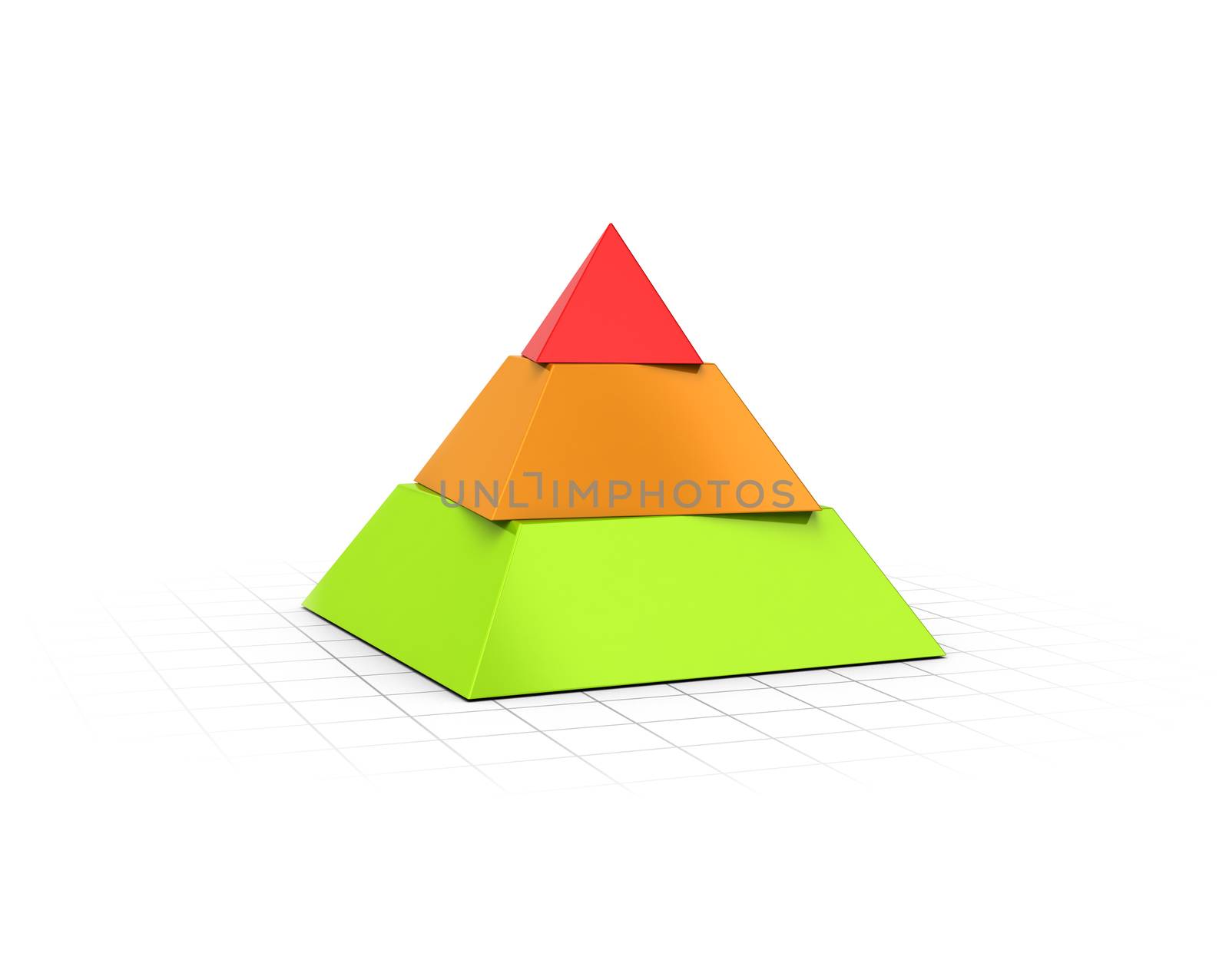 Conceptual 3D render of a three layers pyramid over perspective background. 