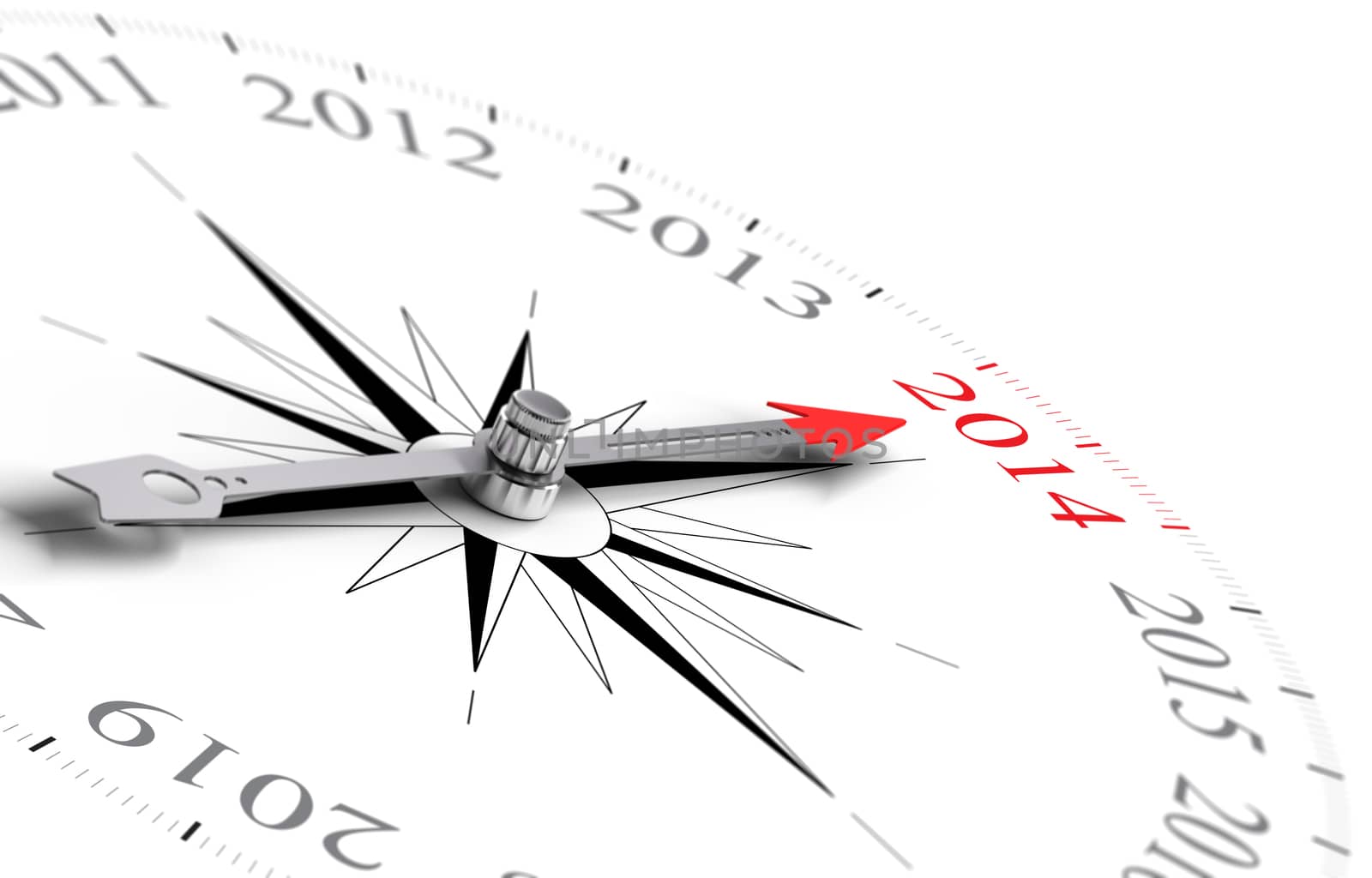 Compass with needle poiting Year 2014 - Two Thousand Fourteen - 3D concept image for the new year consisting of one compass over white background