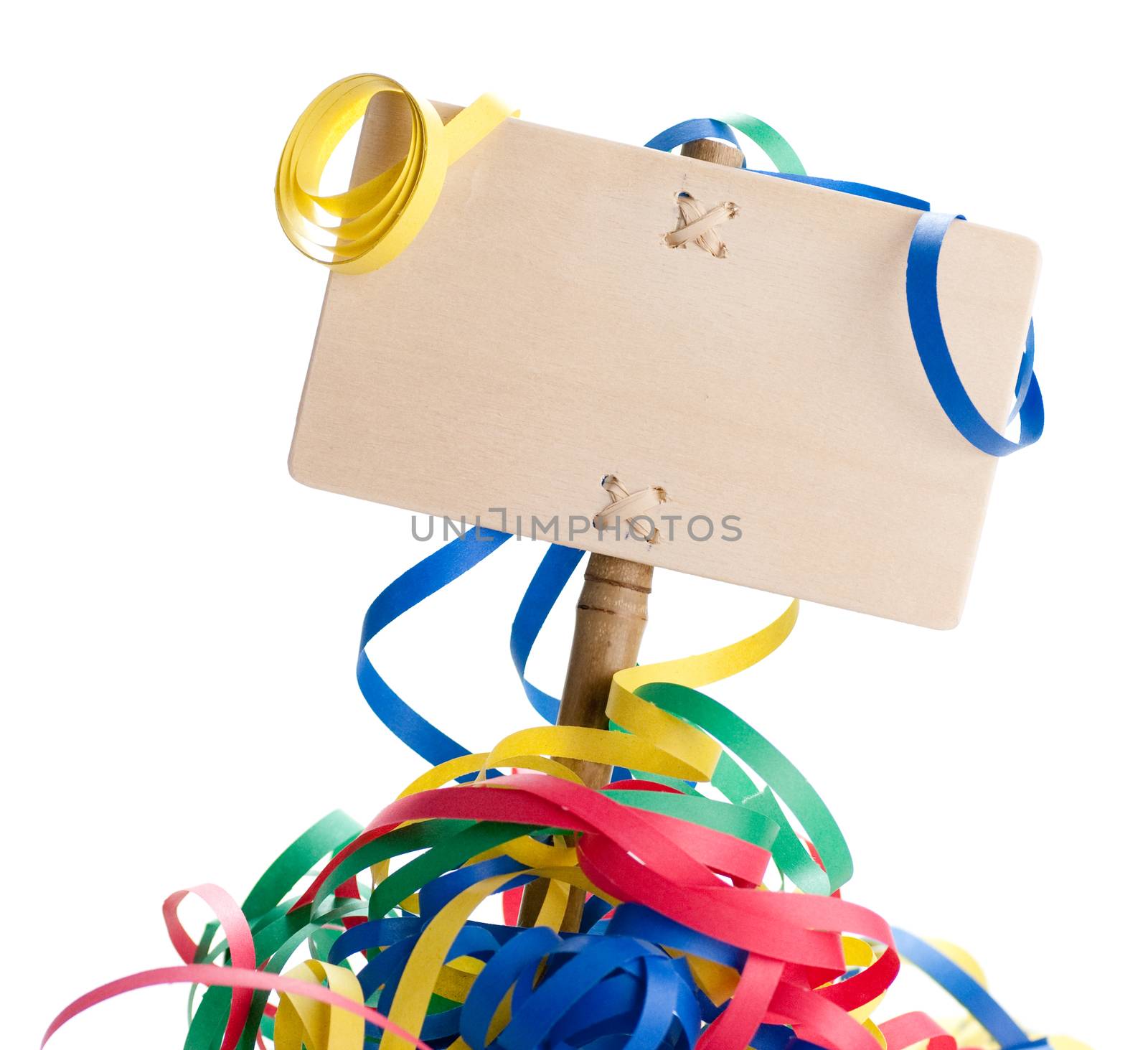 wooden sign with multicolored streamers around, white background, blank tag for writing a party message