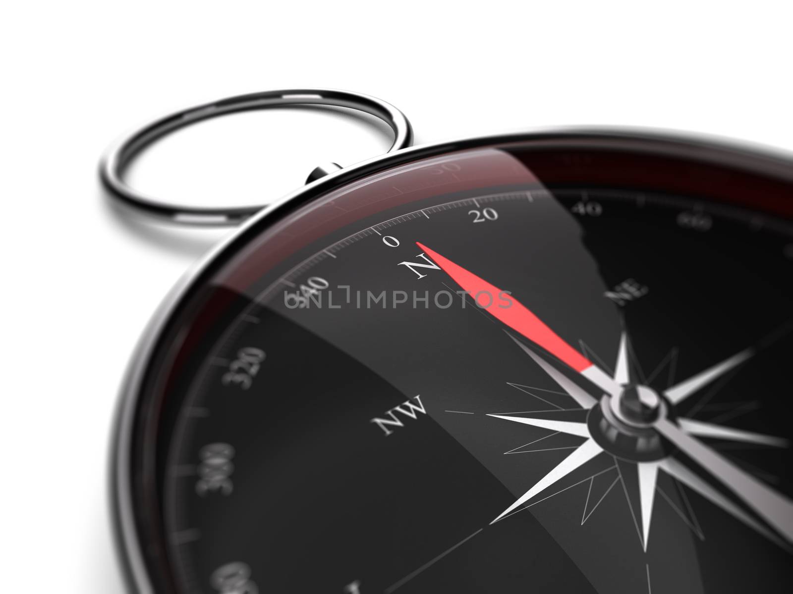 Close up of a compass with needle pointing the north direction. 3D render image suitable for guidance concept