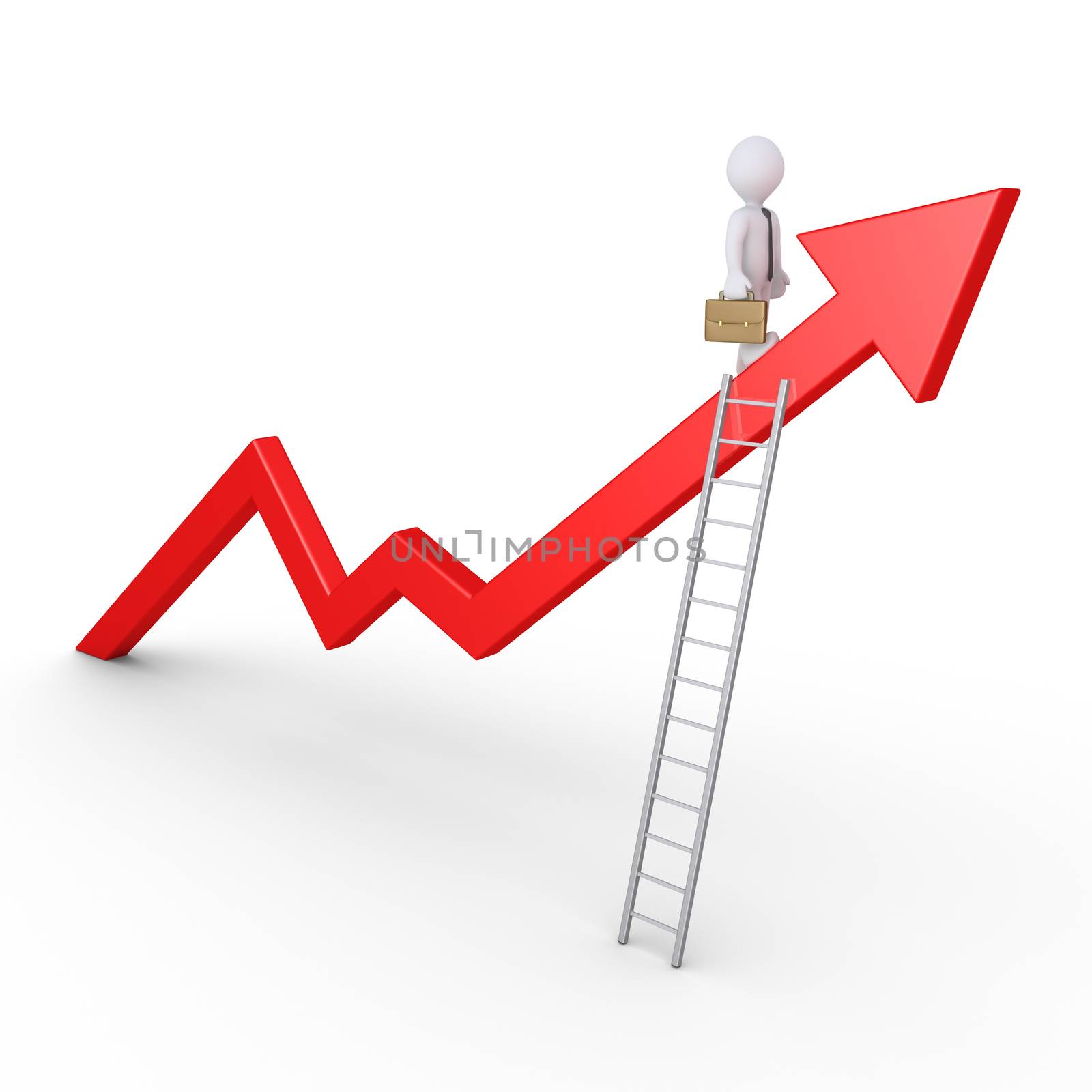 Businessman is standing on a rising graph with a ladder on it