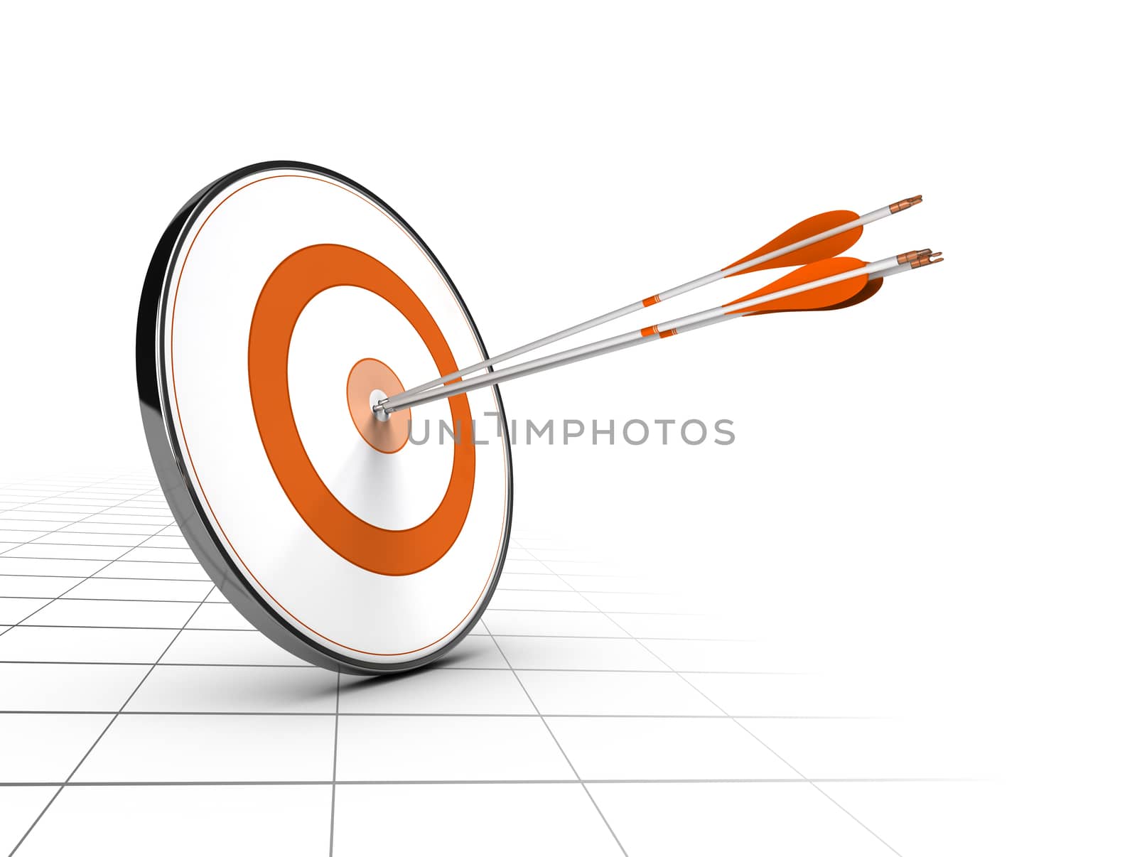 Advice or business competition concept. One target and three arrows achieving their objectives. Perspective background and orange color