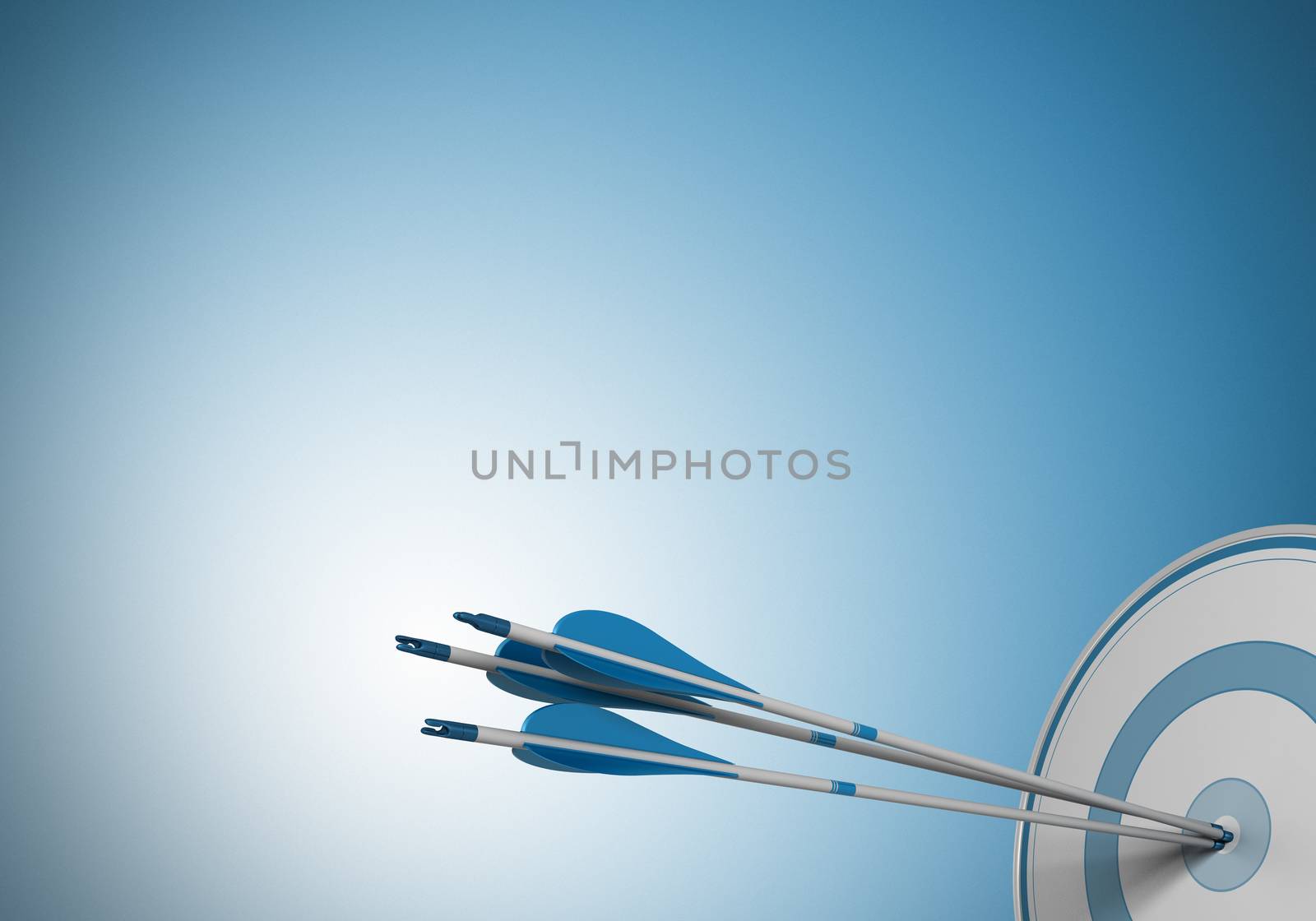 three arrows hitting the center of a target. Image over a blue background with free space for text