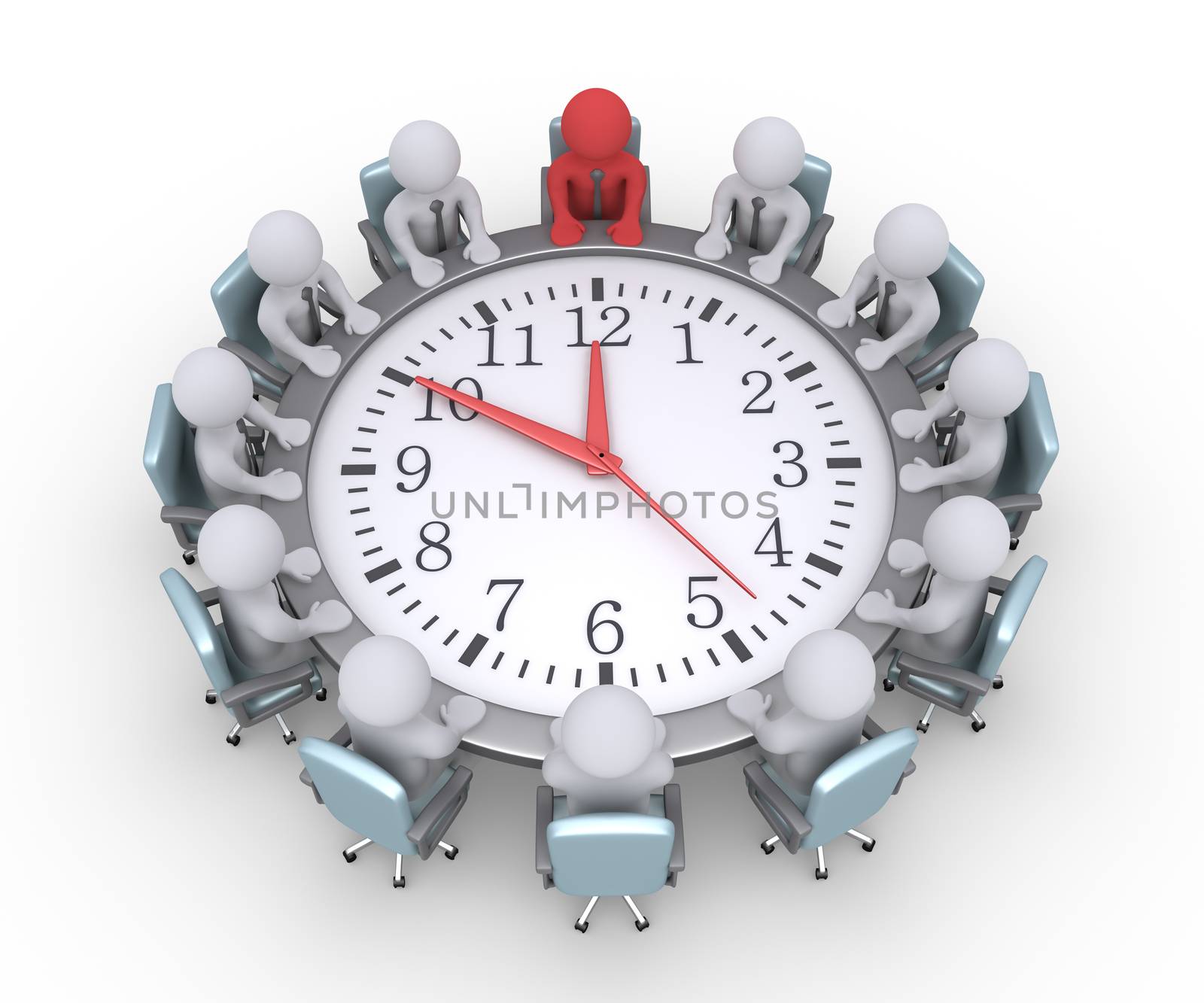 Businessmen and the leader are sitting around a clock used as table