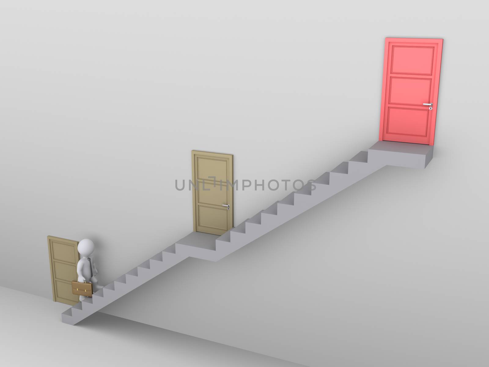 Businessman is climbing a staircase with three doors and the higher one is the best