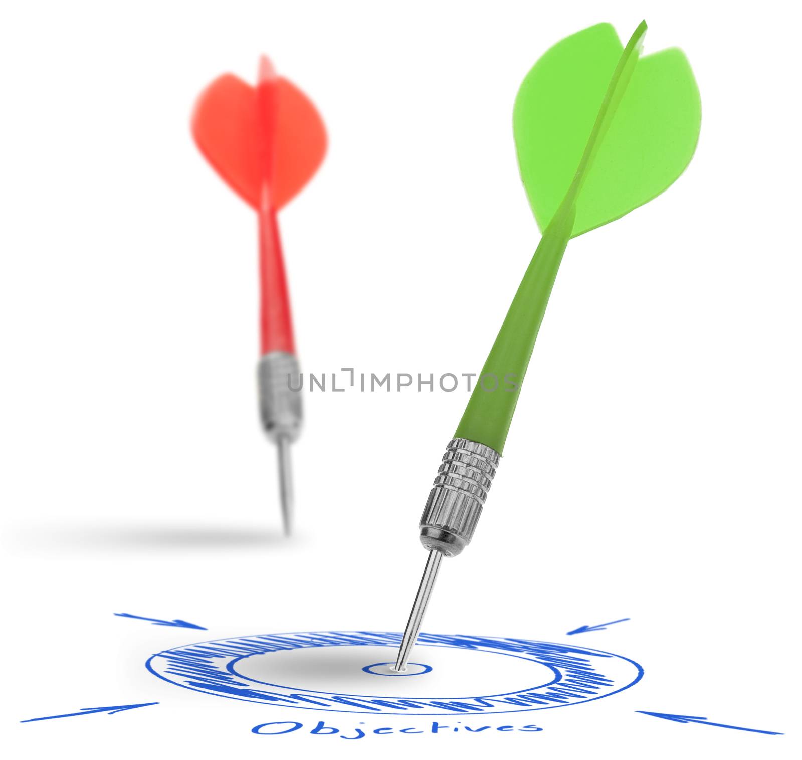 two darts on a white background, concept for success and reach a target, one dart reach it's target