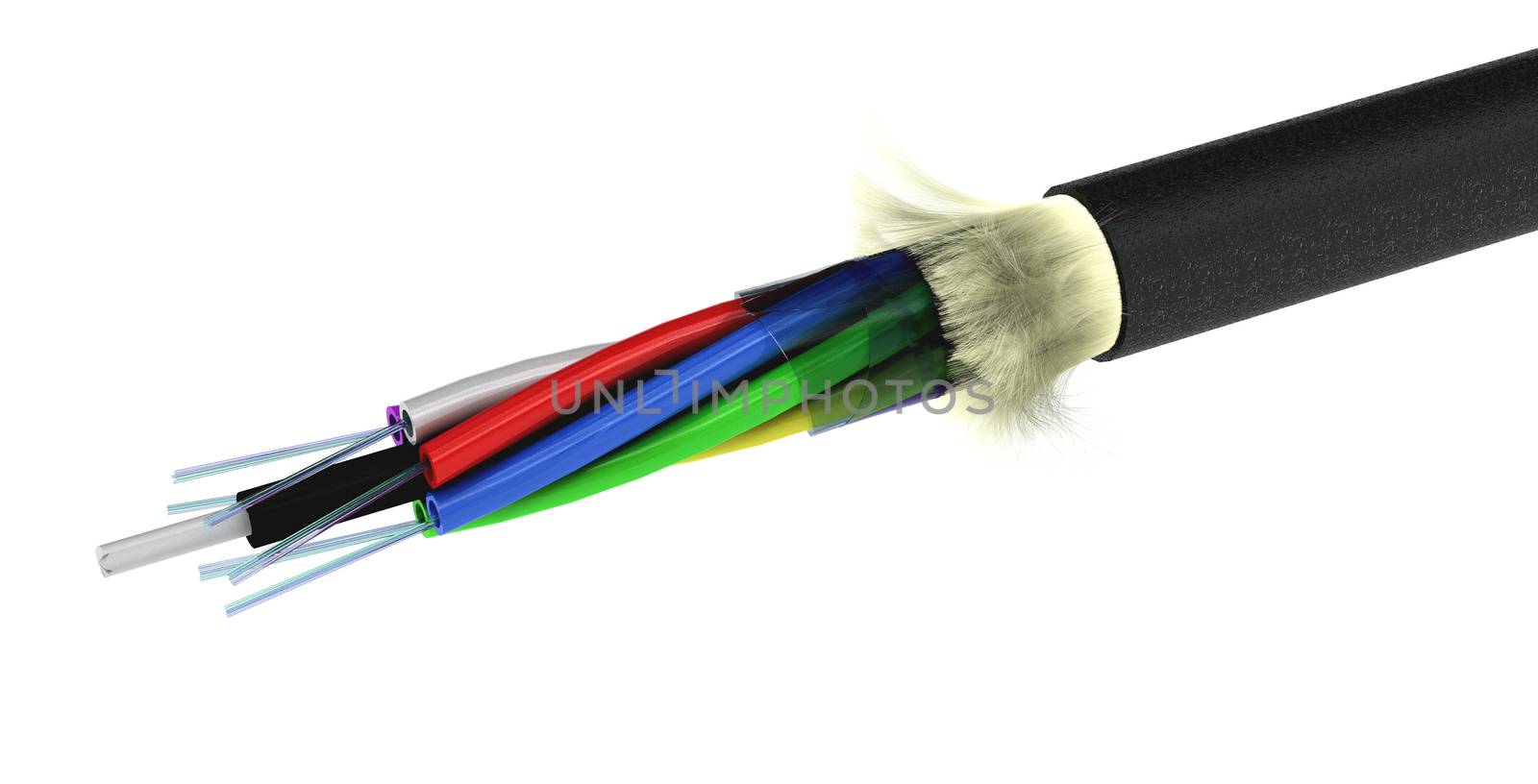 view or an optical fiber cable with kevlar, tubres and fibre, image over white background