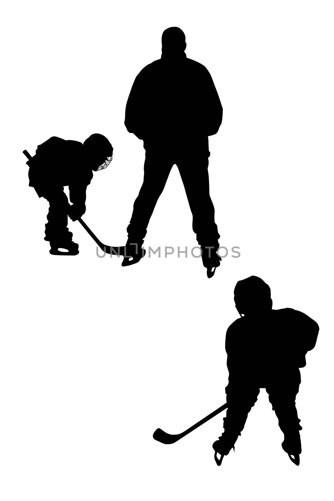  Silhouettes of two hockey players, isolated on white background.