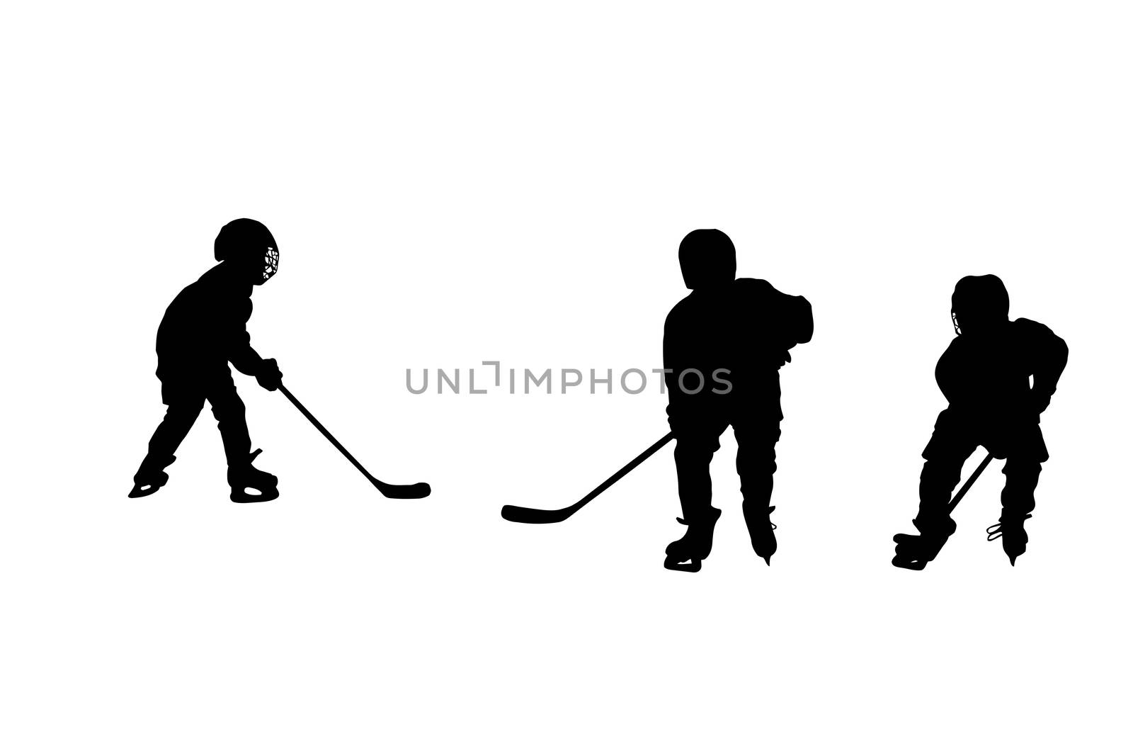 Silhouettes of  hockey players, isolated on white background.