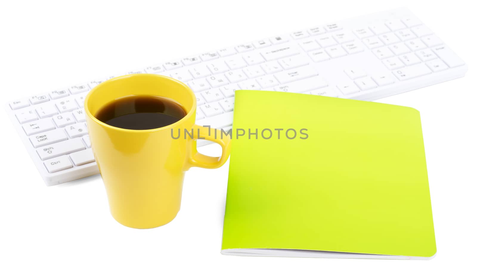 Keyboard with coffee and notebook on isolated white background, closeup