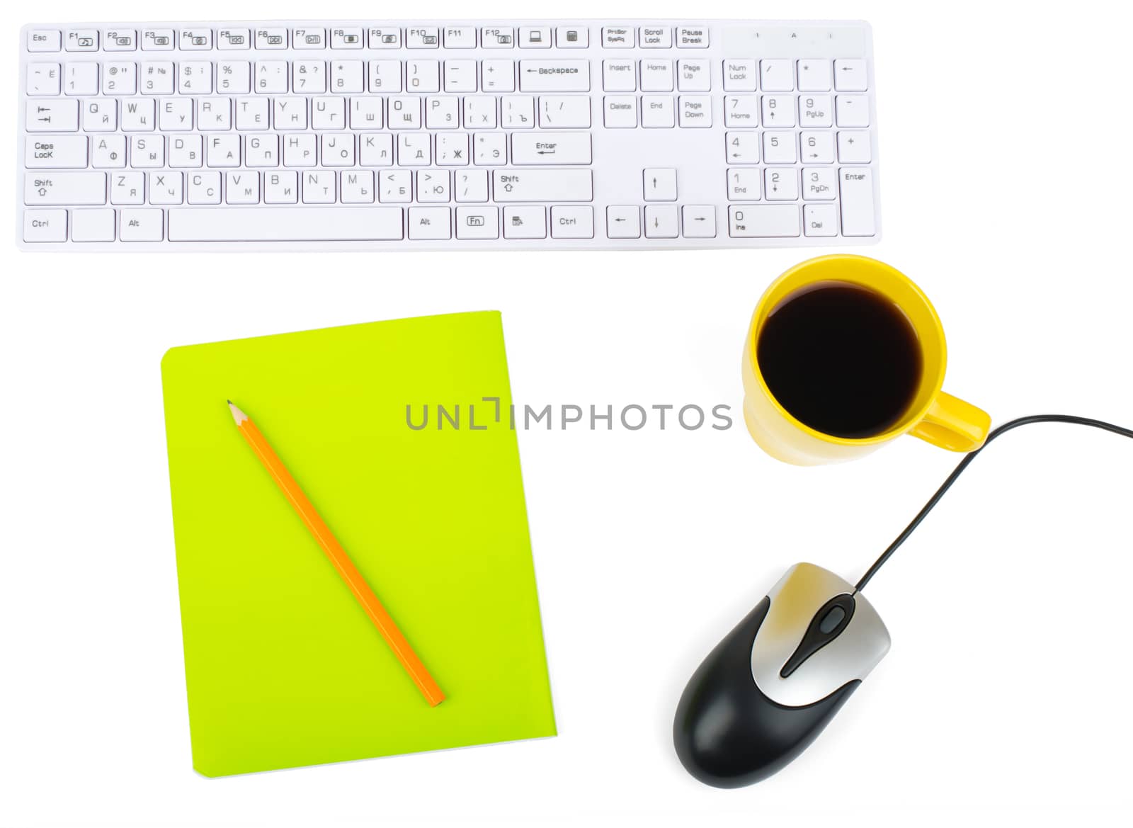 Cup of coffee with keyboard and mouse by cherezoff