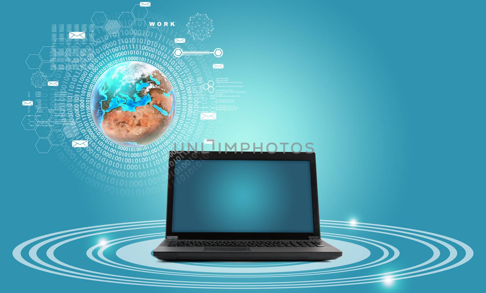 Black laptop with earth globe on blue background and circles