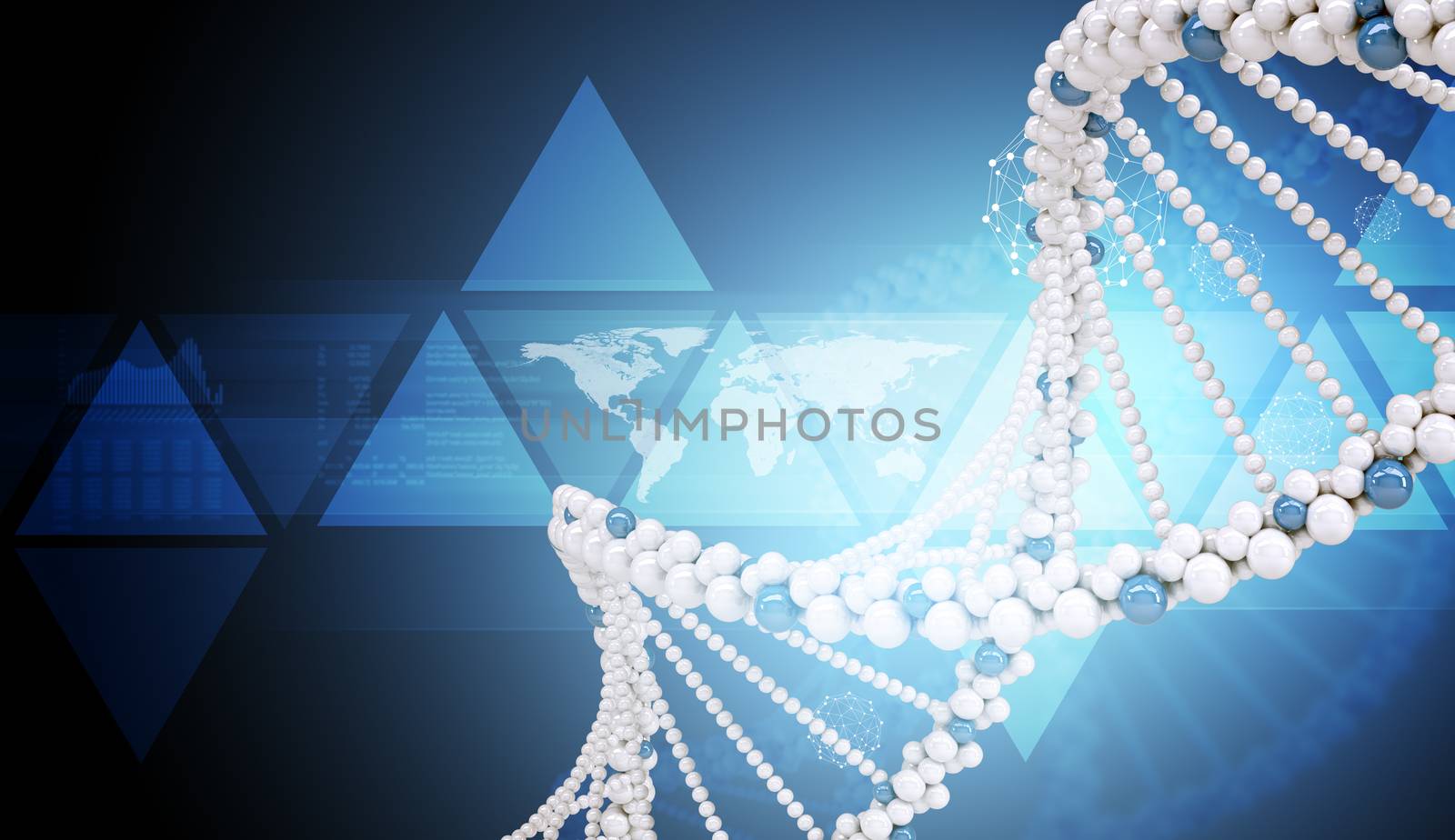 DNA molecule on blue background with world map