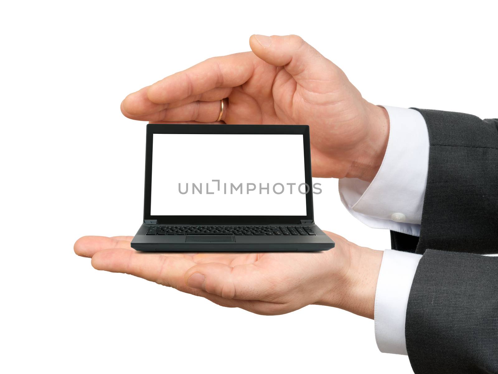 Male hands holding laptop on isolated white background