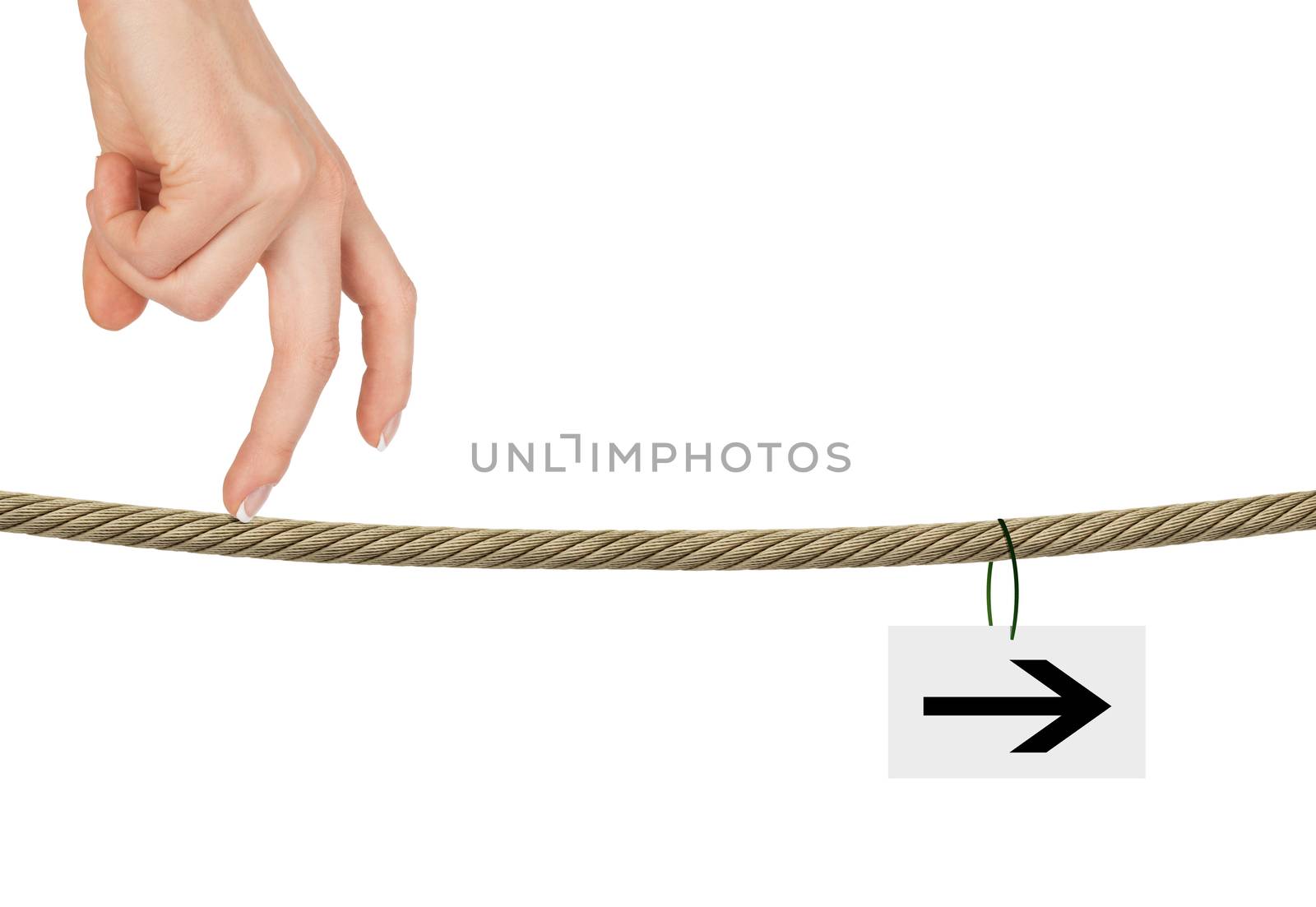Womans fingers walking on rope with arrow on isolated white background